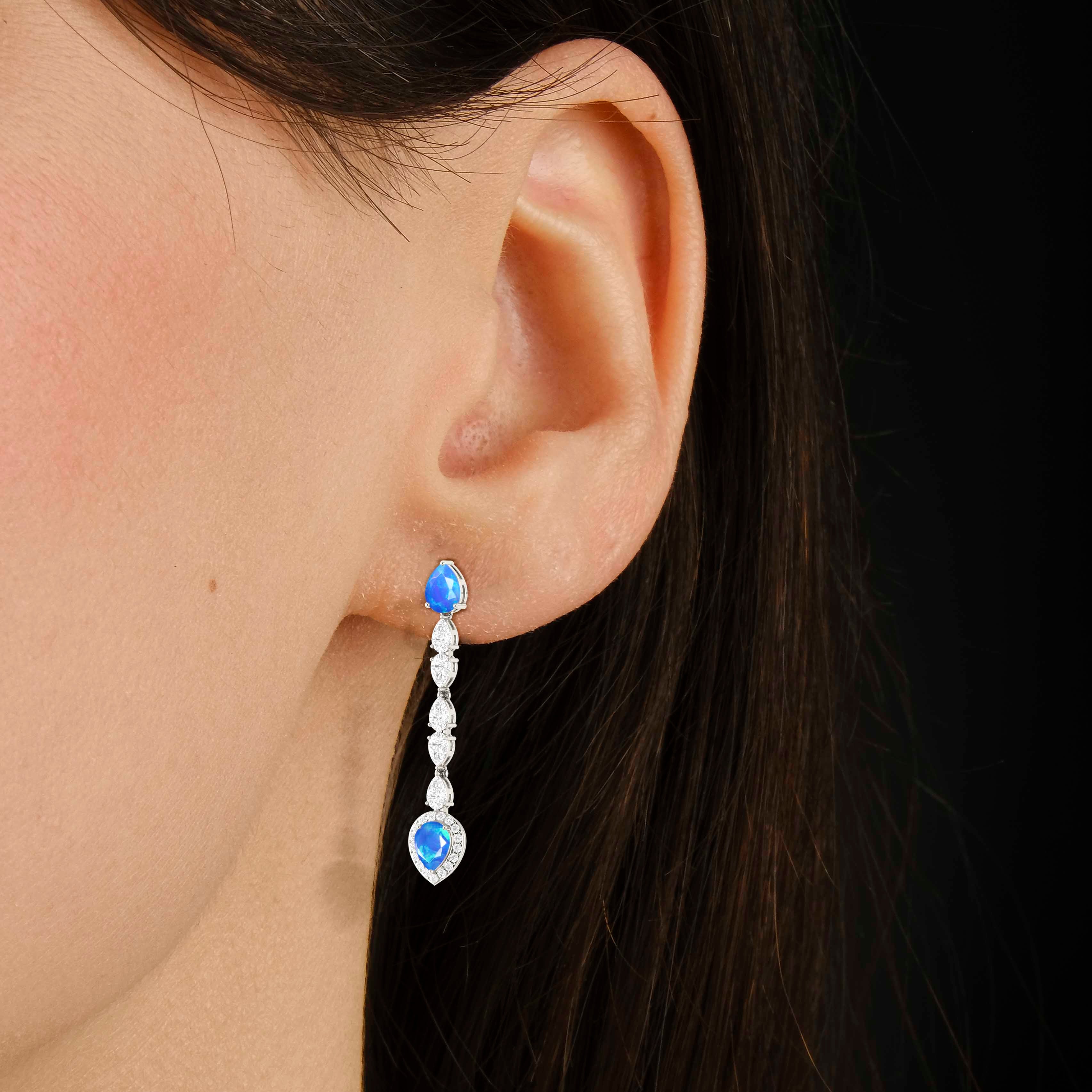 Natural Blue Opal Long Drop Stud Earrings for Women - Elegant Dangle Earrings for Party, Wedding & Everyday Wear