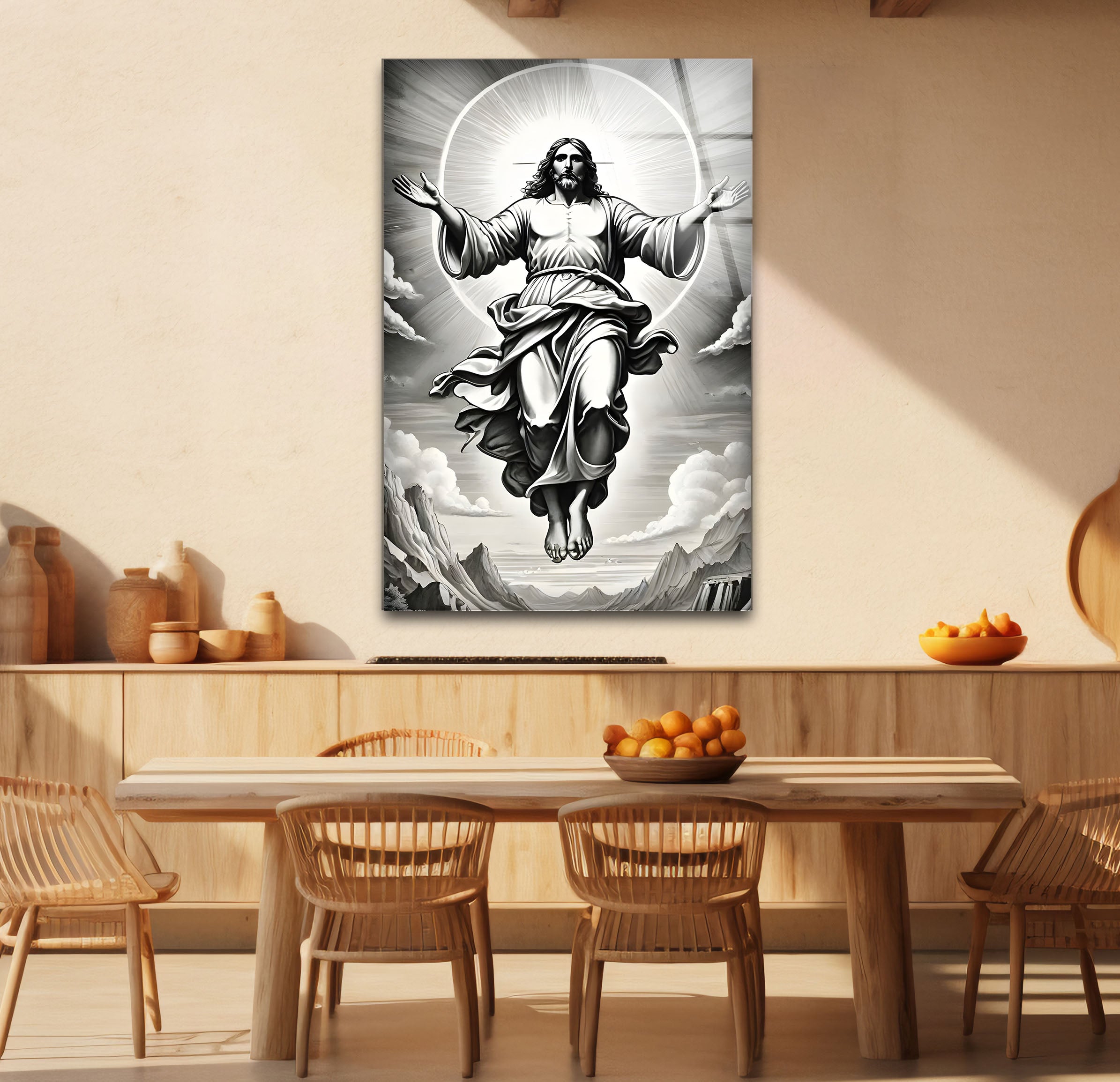 Black and White Jesus Christ Glass Wall Art - Religious Home Decor for Living Room, Bedroom & Church