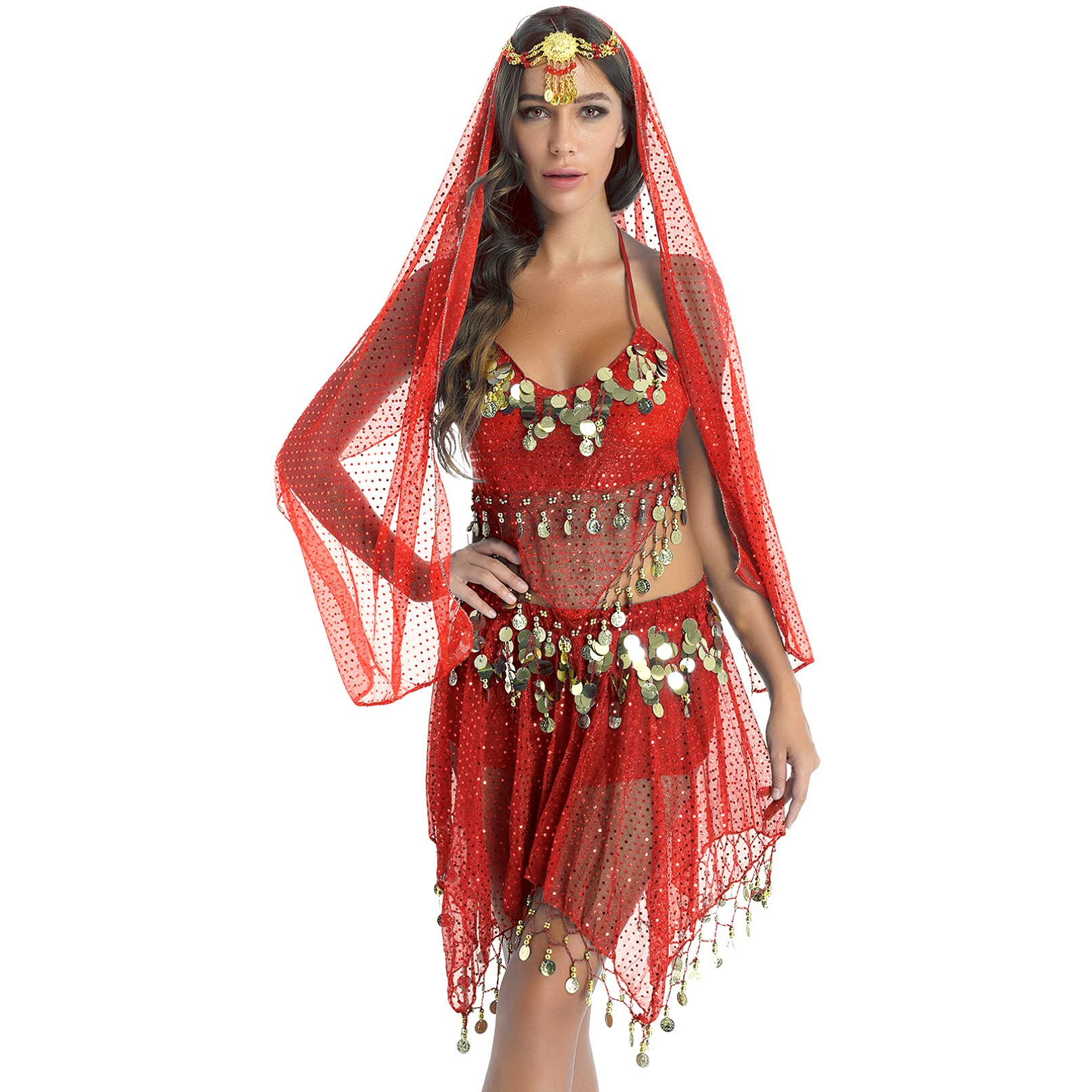 Women's Belly Dance Costume - Indian Bollywood Sequin Skirt & Shiny Outfit for Professional Performances & Cosplay | Perfect for Dance Shows, Halloween, and Themed Parties
