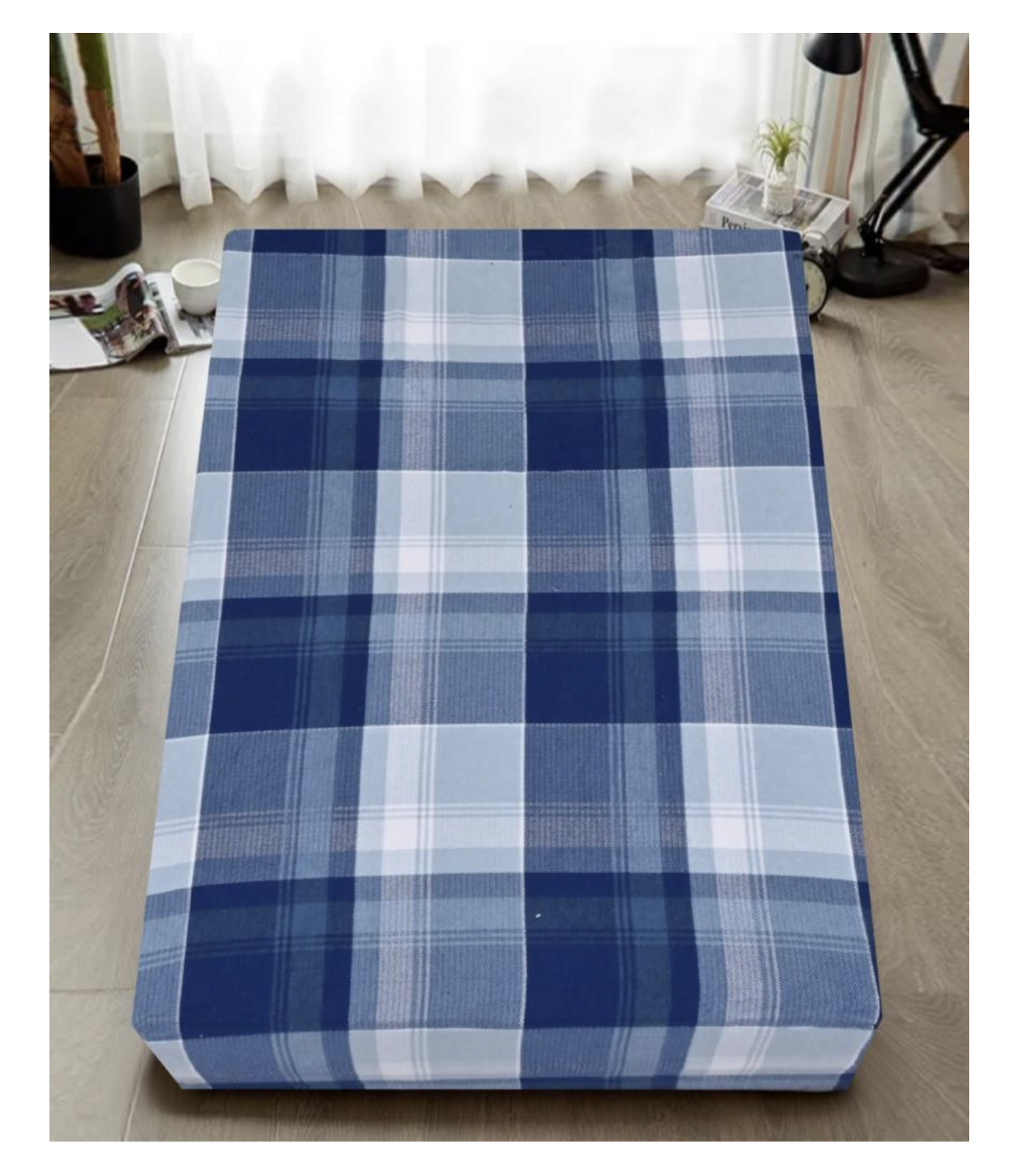 4-Pack Queen Size 100% Cotton Flannel Fitted Sheets - Soft Luxury Bedding Set with Blue Checkered Pattern for Cozy Winter Nights & Guest Room Comfort