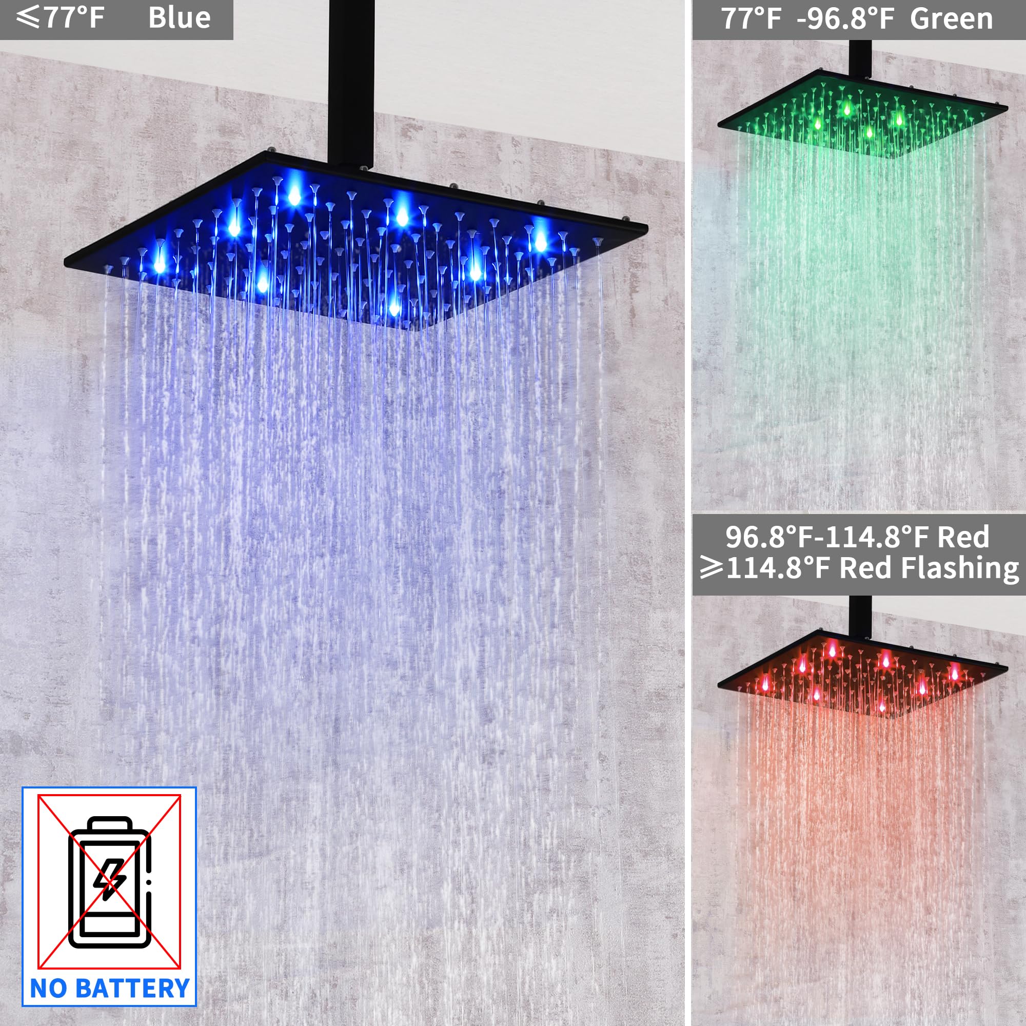 SKOWLL Matte Black Rainfall Shower System - 12 Inch Ceiling Mount LED Shower Head with 2-Function Valve Kit & Handle Set | Modern Bathroom Upgrade for Spa-Like Experience