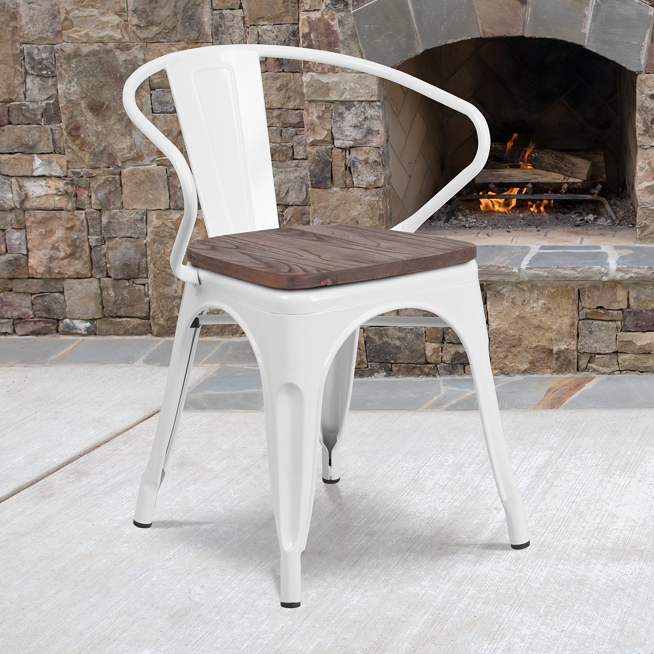 4 Pack White Metal Chairs with Wooden Seats & Arms - Durable Restaurant Furniture for Indoor & Outdoor Dining, Cafes, and Events