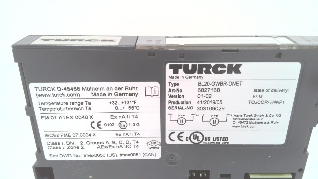 TURCK BL20-GWBR-DNET (6827168) DeviceNet Ethernet Gateway Module - Expandable I/O, Multiprotocol Support (DeviceNet & CANopen), IP20 In-Cabinet System for Industrial Automation & Machine Control