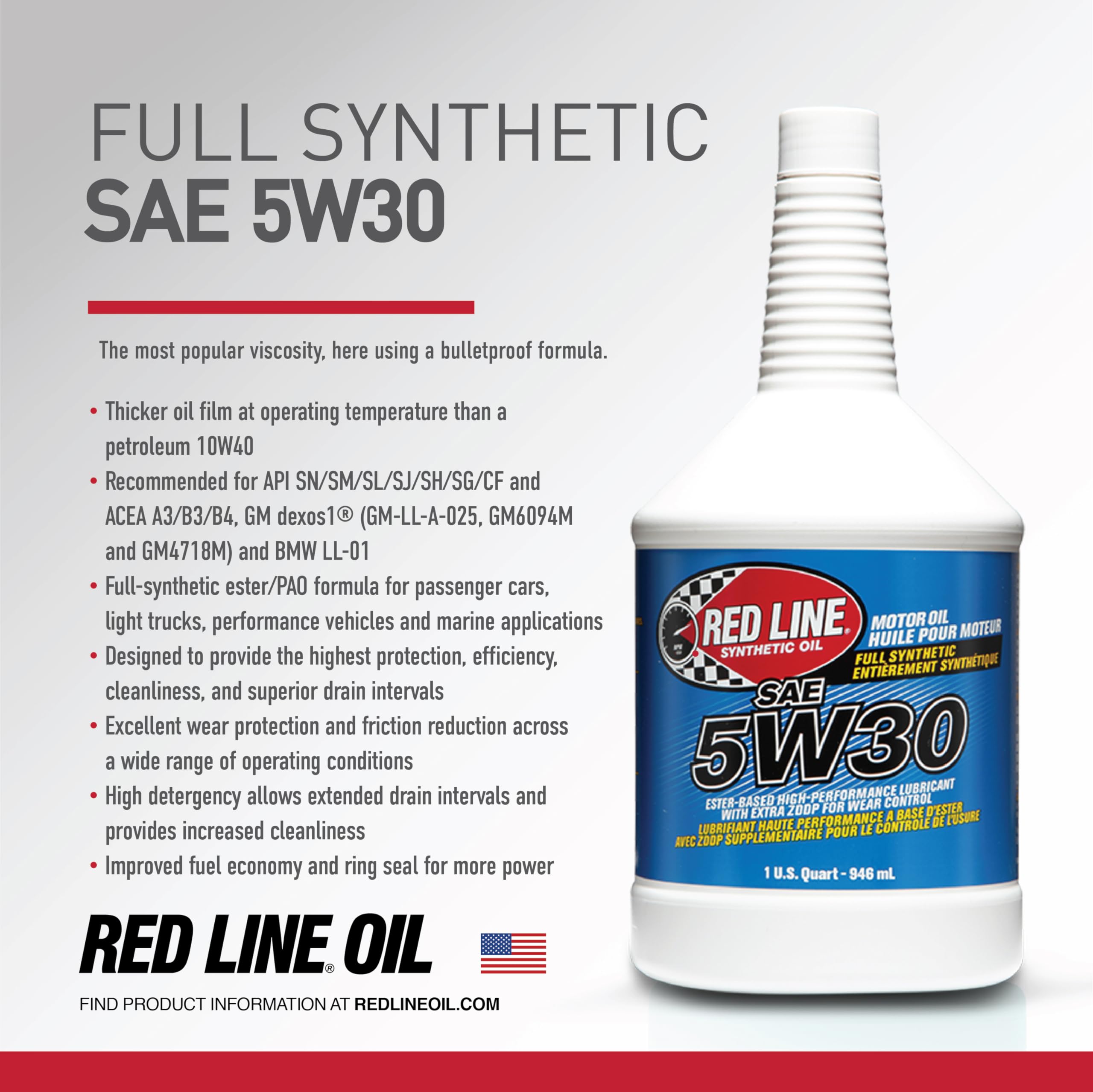 Red Line (15305) SAE 5W30 Full Synthetic Motor Oil - 1 Gallon Bottle (4 Pack) | High Performance Engine Protection for Cars, Trucks & SUVs | Ideal for Extreme Temperatures & Heavy-Duty Use