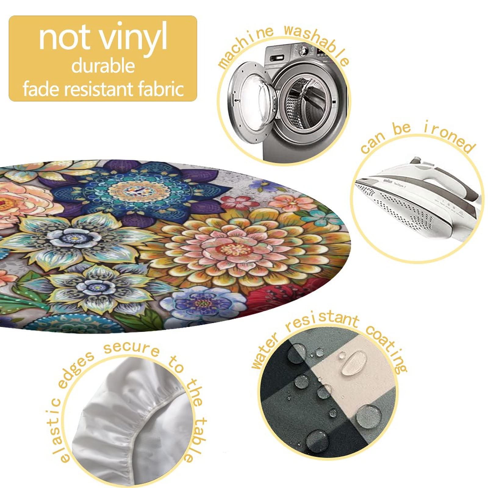 Boho Round Fitted Tablecloth - Floral Bohemian Waterproof Table Cover for Kitchen & Dining Room | Stain-Resistant Polyester Fabric (Fits 28