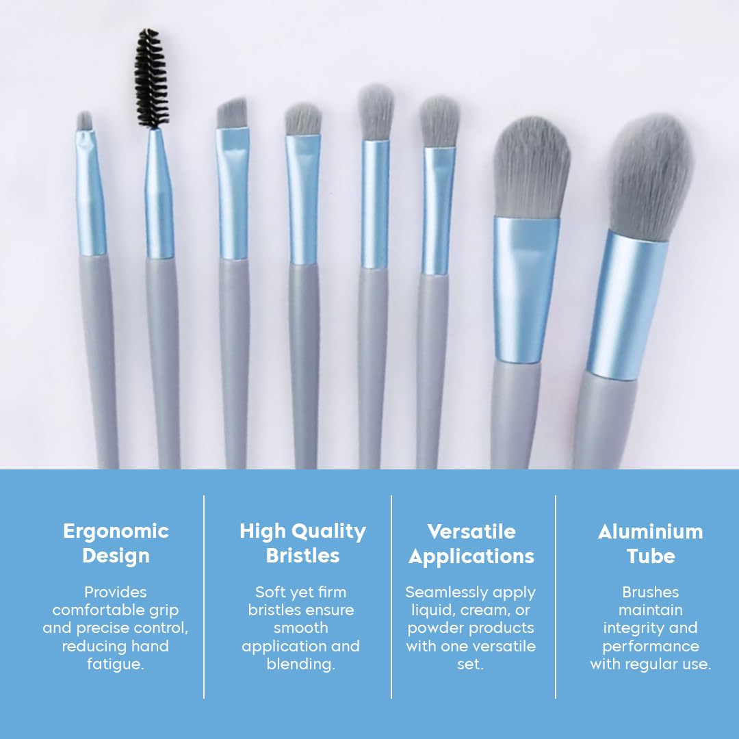 Premium 8-Piece Synthetic Kabuki Makeup Brush Set with Pouch - Foundation, Concealer, Eyeshadow, Blush, Powder, Highlighter, Contour & Eyeliner Blending Brushes (Grey) - Perfect for Professional Makeup Application & Travel Beauty Essentials