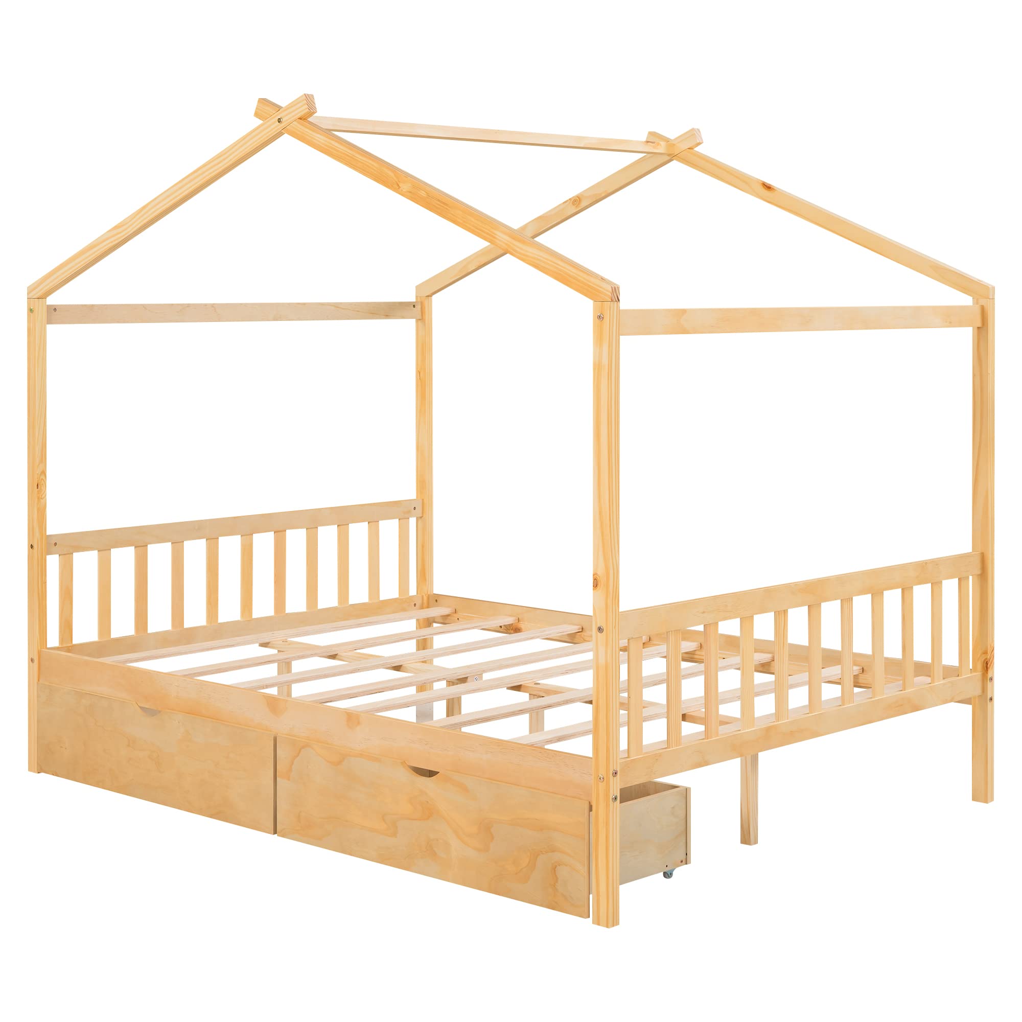 Wooden Full Size House Bed Frame with Storage for Kids - Girls & Boys Room Decor