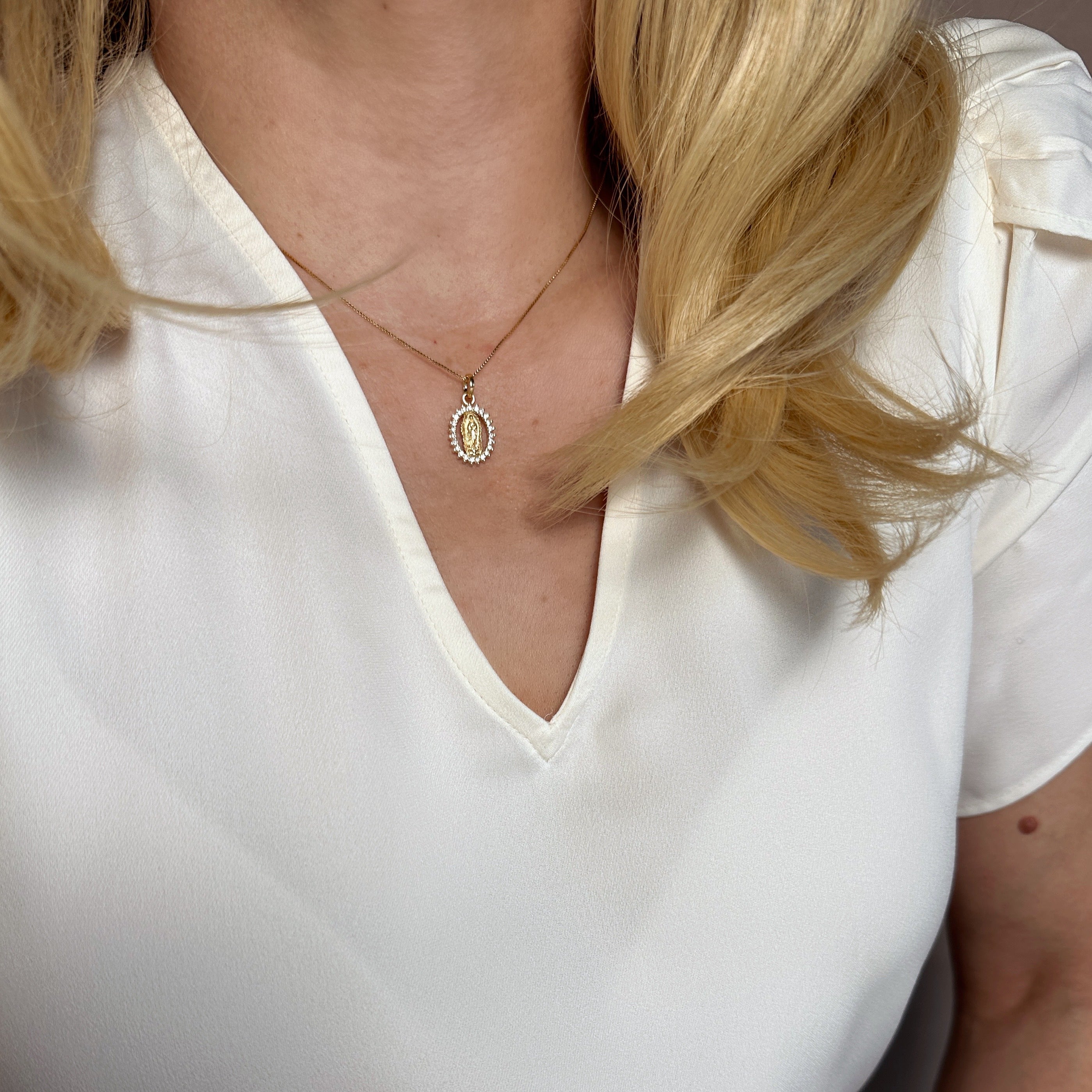 18K Gold Filled Mini CZ Lady of Guadalupe Pendant Necklace - Religious Jewelry for Women, Perfect for Baptism, First Communion & Everyday Wear