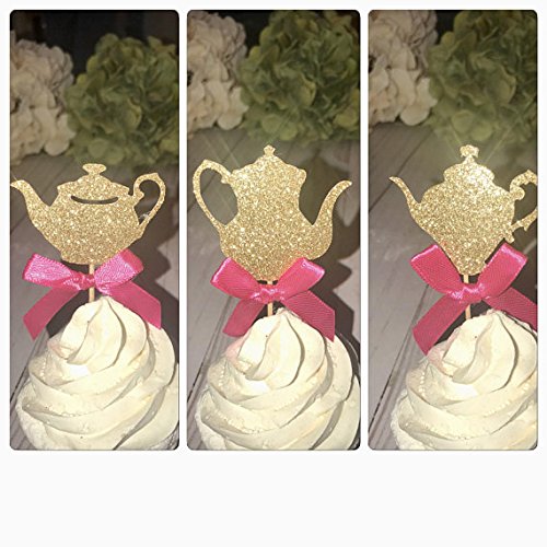 Elegant Tea Party Cupcake Toppers - Teapot & Mad Hatter Decorations for Alice in Wonderland Themed Birthday, Baby Shower & Bridal Tea Party Decor