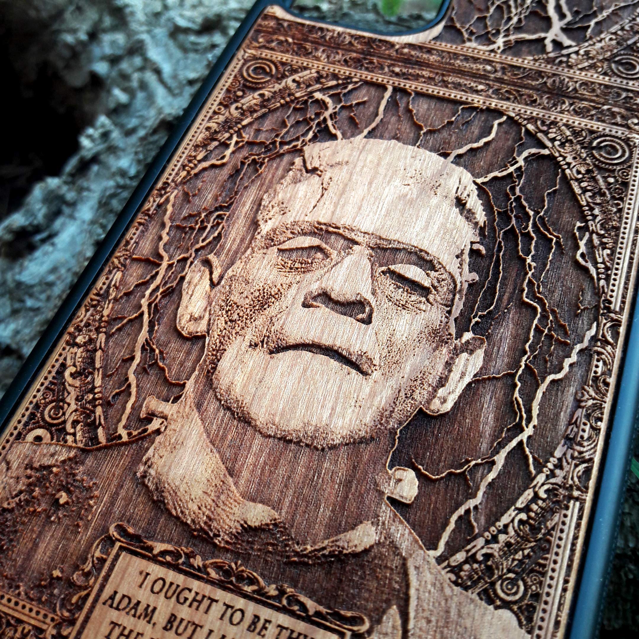Frankenstein Laser Engraved Wood Phone Case - Compatible with iPhone 16/15/14/13/12/11 Pro Max/Mini & Galaxy S25/S24/S23/S22/S21/S20 Ultra Plus - Eco-Friendly Slim Durable Wooden Cover for Everyday Protection & Style