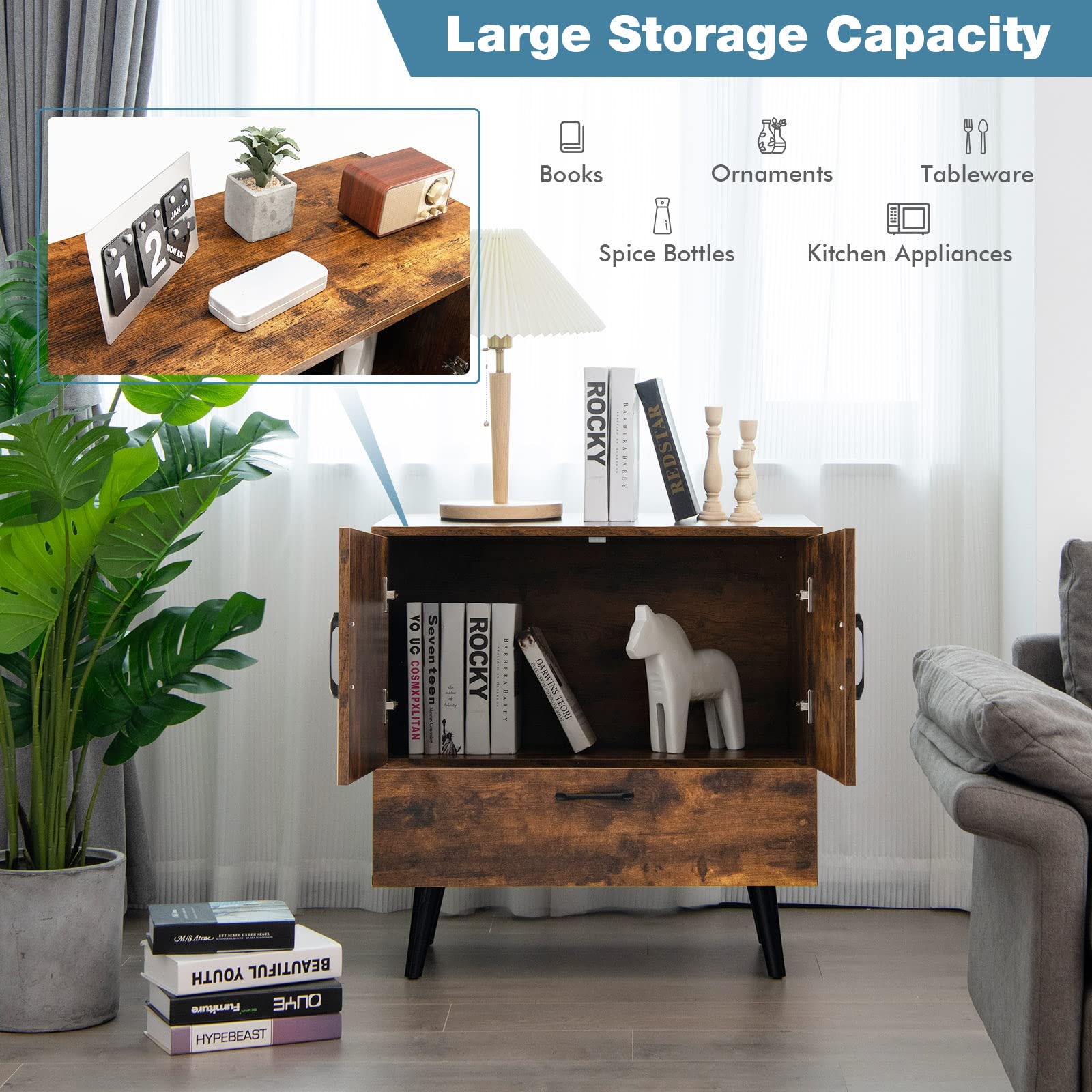 Giantex Rustic Brown Storage Cabinet - Freestanding Buffet Sideboard with Doors & Pull-Out Drawer | Entryway, Living Room, Dining Room, Bathroom Storage Solution | Accent Cabinet for Home Organization & Decor