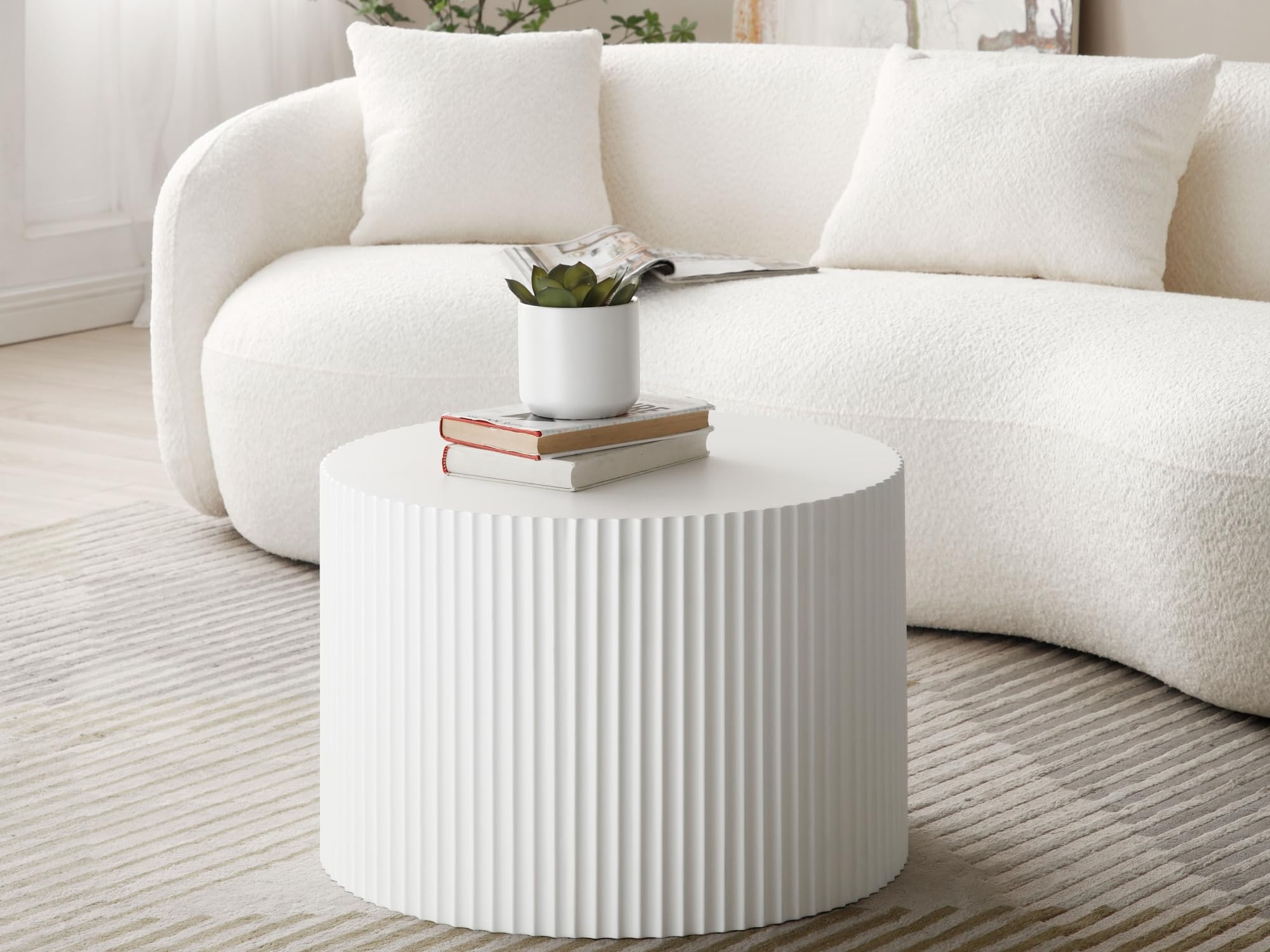 HMFULE 2-Piece Round Nesting Coffee Table Set - Modern Drum Cocktail & End Table for Living Room, Bedroom, Office - Matte White Finish - Space Saving Design for Small Spaces
