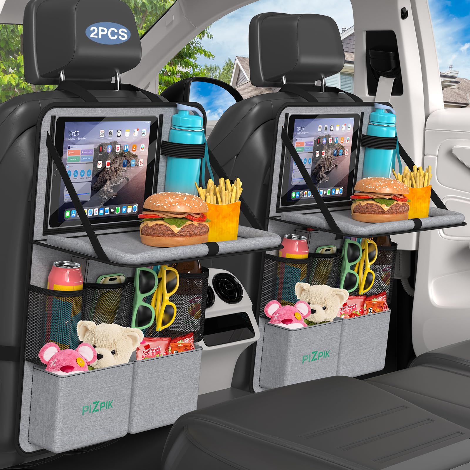 Car Backseat Organizer with Tablet Holder - 11 Storage Pockets & Foldable Food Tray - Kids Kick Mats Protector - Travel Accessories Organizer (Gray, 2 Pack) - Perfect for Road Trips, Family Travel & Keeping Kids Entertained