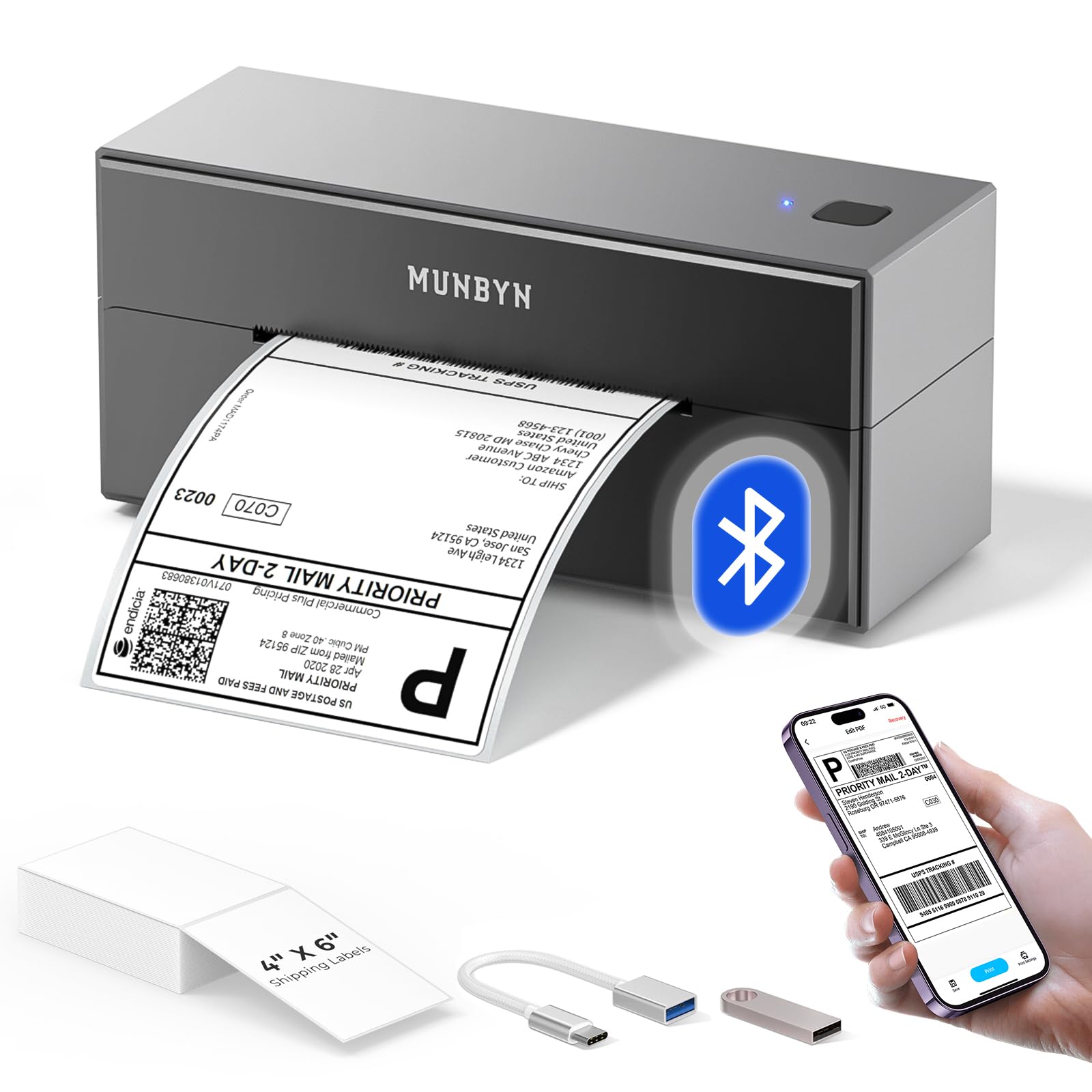 MUNBYN Bluetooth Thermal Label Printer 4x6 - Wireless Shipping Label Printer for USPS, Amazon, eBay, Shopify, Etsy - Compatible with iOS, Android, PC, Mac, Chrome OS - Perfect for Home Business & E-commerce Shipping