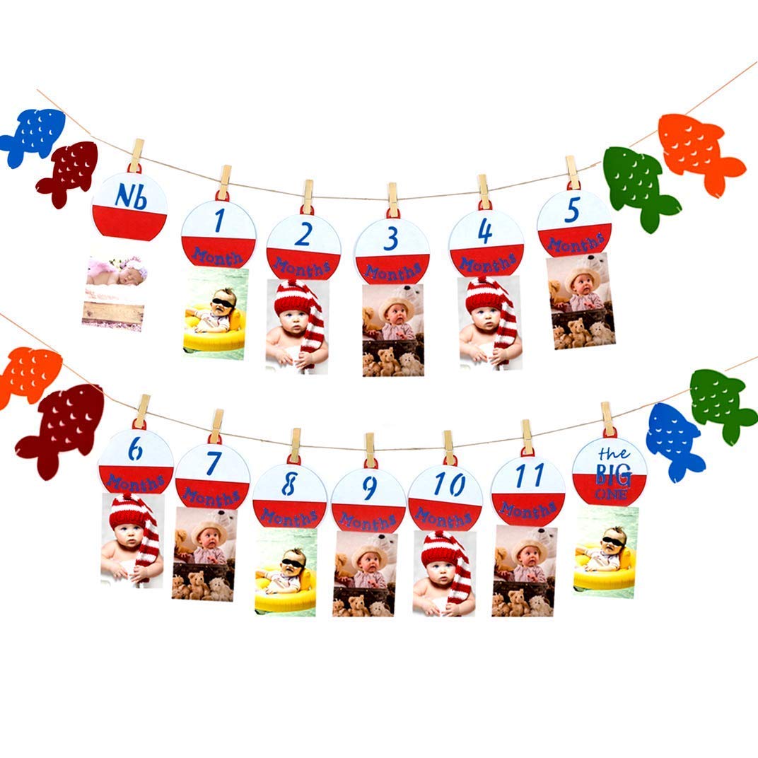 JeVenis 12 Month Fishing Photo Banner - Ofishally One Birthday Banner - The Big One Fishing Theme Photo Banner - First Birthday Party Decorations for Boys & Girls - Perfect for 1st Birthday, Baby Shower, and Fishing Theme Parties