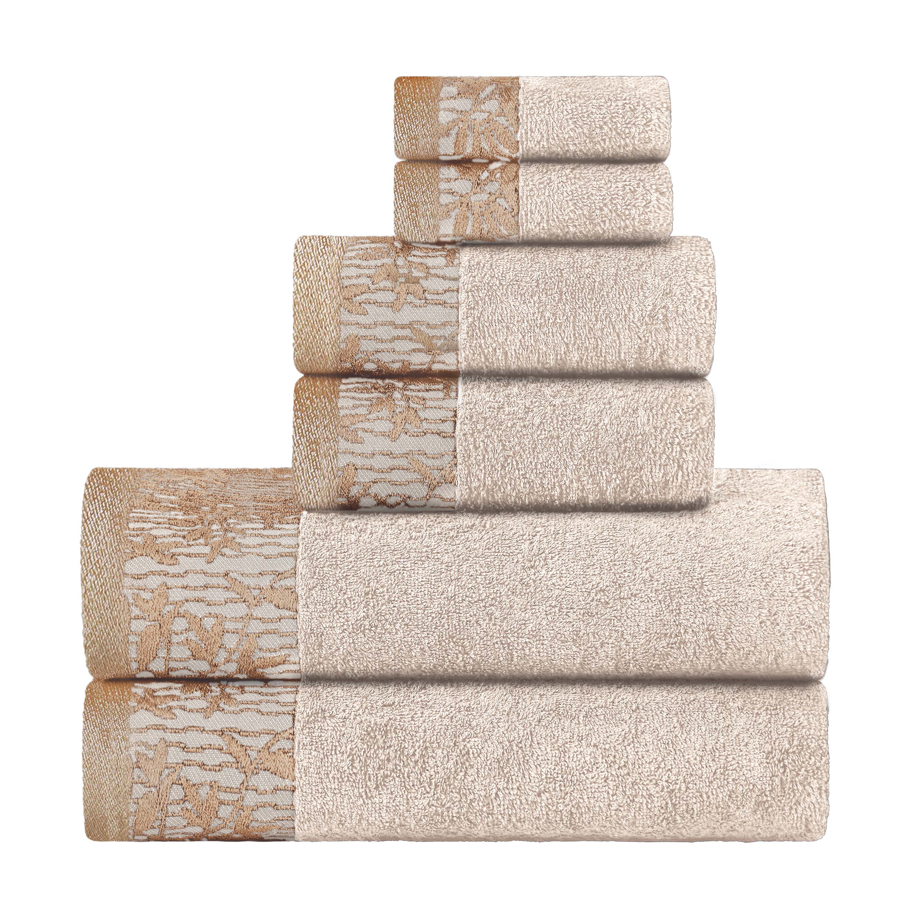 Wisteria Cotton Floral Embroidered Jacquard Border 6-Piece Bath Towel Set - Soft & Absorbent for Spa, Bathroom & Guest Use