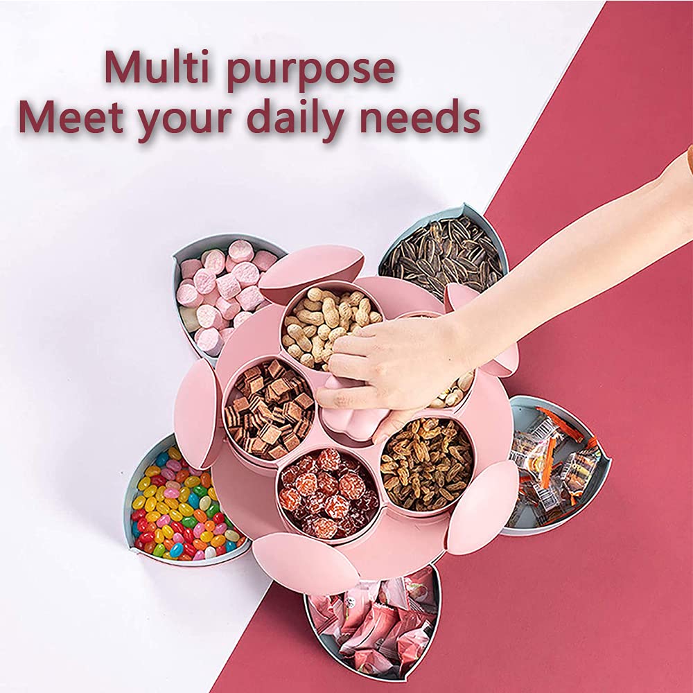 Double Deck Snack Box - 10 Grid Rotating Candy Serving Tray for Dried Fruit, Nuts, Chips & Olives | Flower-Shaped Creative Storage Container (Pink) - Perfect for Parties, Movie Nights & Home Entertaining