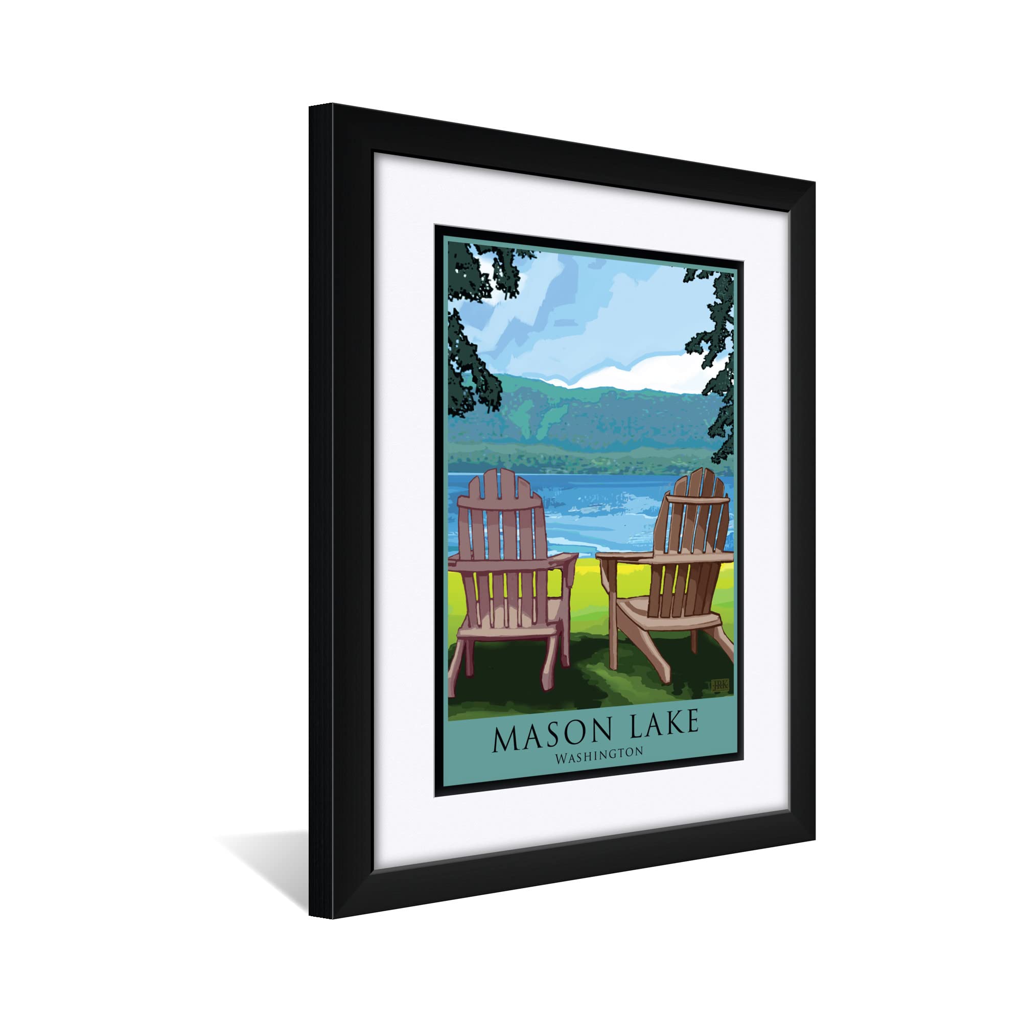 Joanne Kollman Adirondack Chairs Lake Art Print - 18x24 Inch Framed Wall Decor - Mason Lake Washington Landscape Painting - Perfect for Living Room, Bedroom & Office Decoration