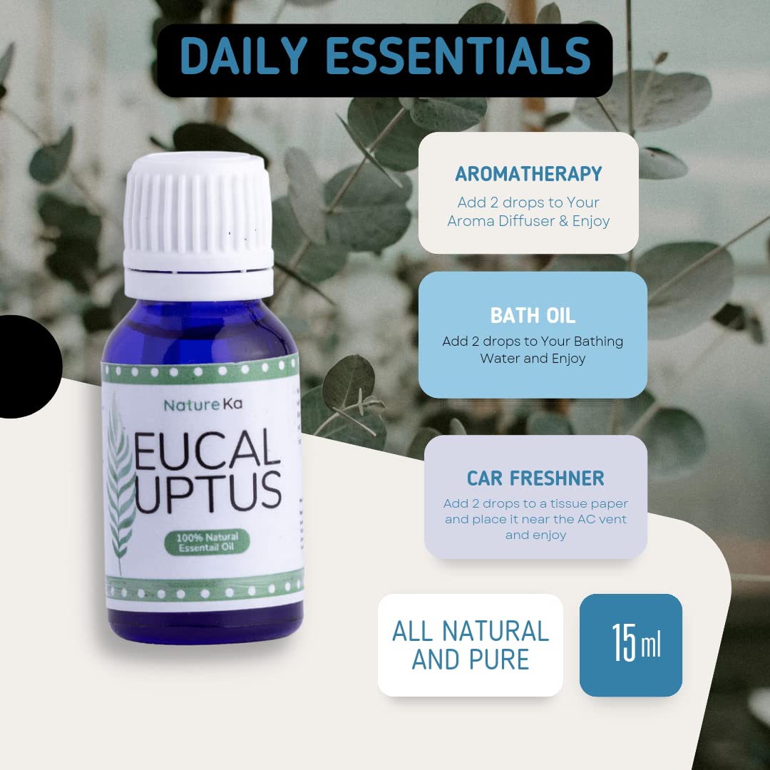 Natureka Eucalyptus Essential Oil - 100% Pure Natural Therapeutic Grade Aromatherapy Oil for Diffuser, Massage & Relaxation | Chemical-Free Bath & Shower Oil | 15ml Bottle for Home Spa, Yoga & Stress Relief