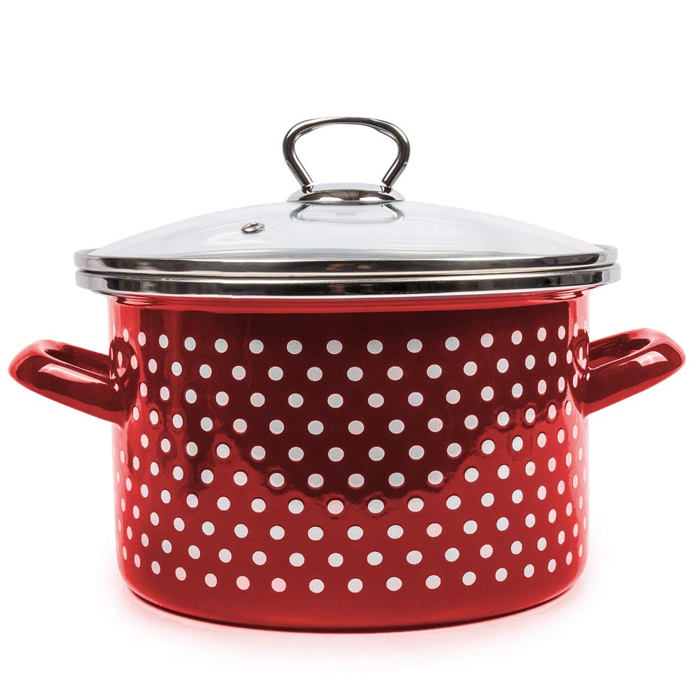 Burgundy Polka Dot Enamel Stock Pot with Glass Lid - 5.3 Quart (5L) Enamelware Cooking Pot for Soups, Stews & Pasta - Perfect for Stovetop & Oven Use
