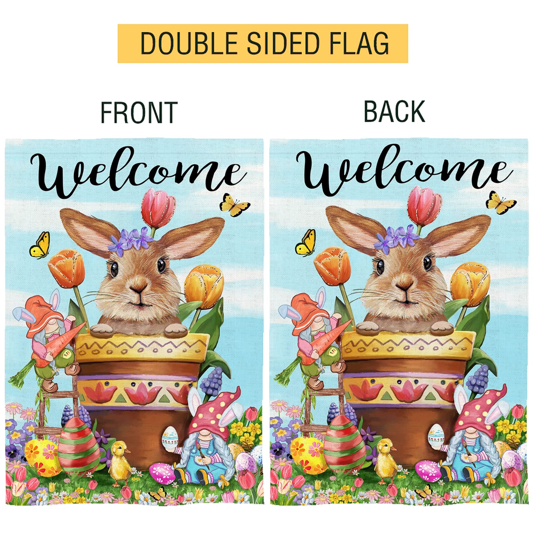 Double Sided Easter Garden Flag 12x18 - Bunny, Eggs, Chicken & Gnomes with Tulip Flowers Burlap Yard Decor | Spring Welcome Vertical Lawn Sign for Home, Pool & Outdoor Decorations | Perfect for Easter Celebrations, Front Yard Displays & Seasonal Home Decor
