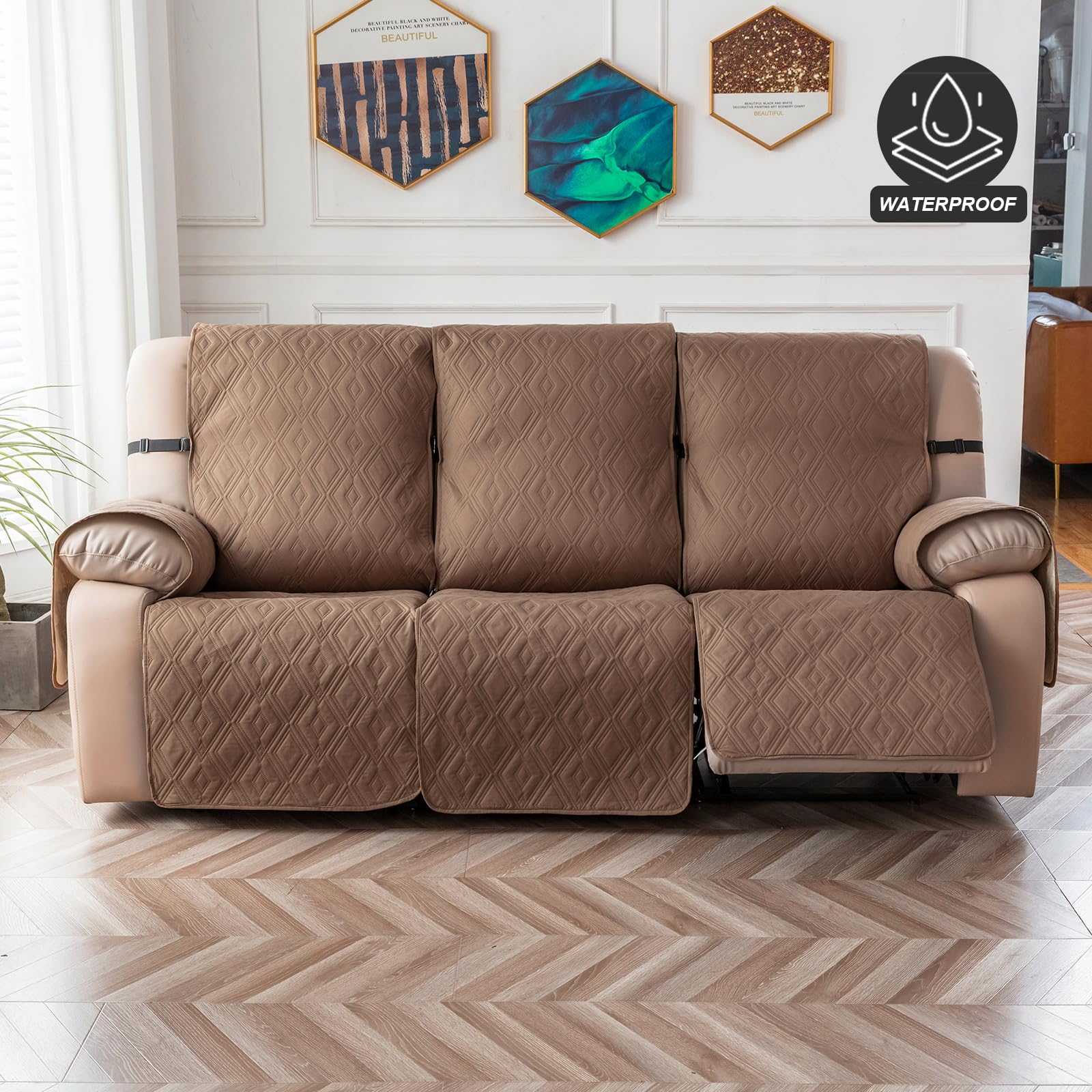 Waterproof Reclining Sofa Cover 3-Seater Non-Slip Washable Furniture Protector for Pets & Kids - Camel Color - Perfect for Living Room, Family Room & Pet-Friendly Homes