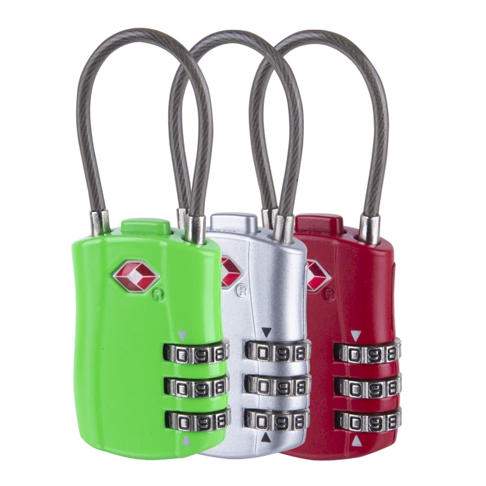 TSA Approved Luggage Locks - 3 Digit Combination Padlock with Zinc Alloy Steel Cable - Secure Travel Suitcases, Backpacks, Lockers & Toolboxes (Silver) | Perfect for Airports, Hotels, Gyms & School Lockers