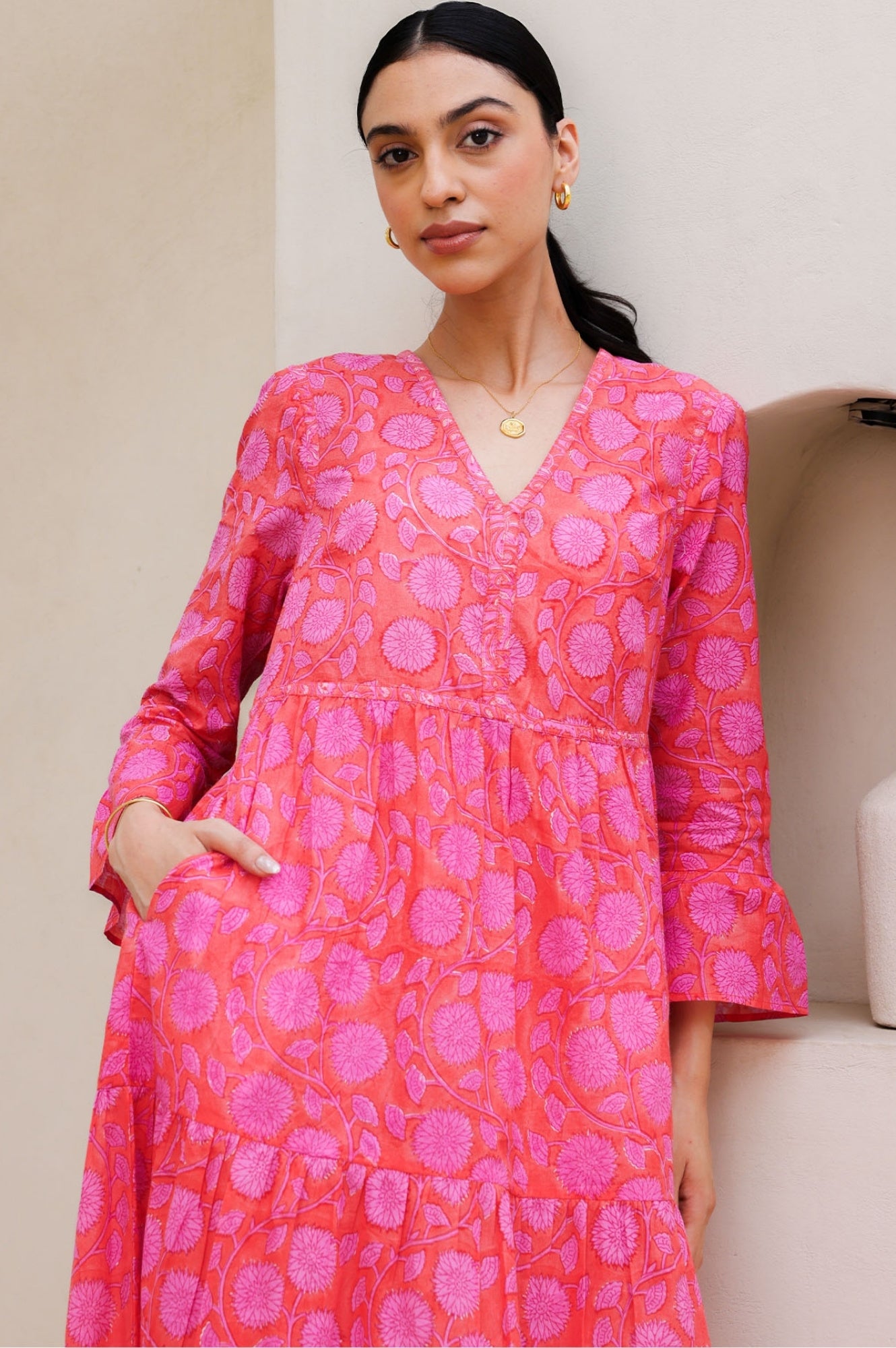 Hayden Block Print Dress in Mara Red & Pink | Floral Cotton Maxi Dress for Women | Perfect for Summer, Beach, and Boho Fashion