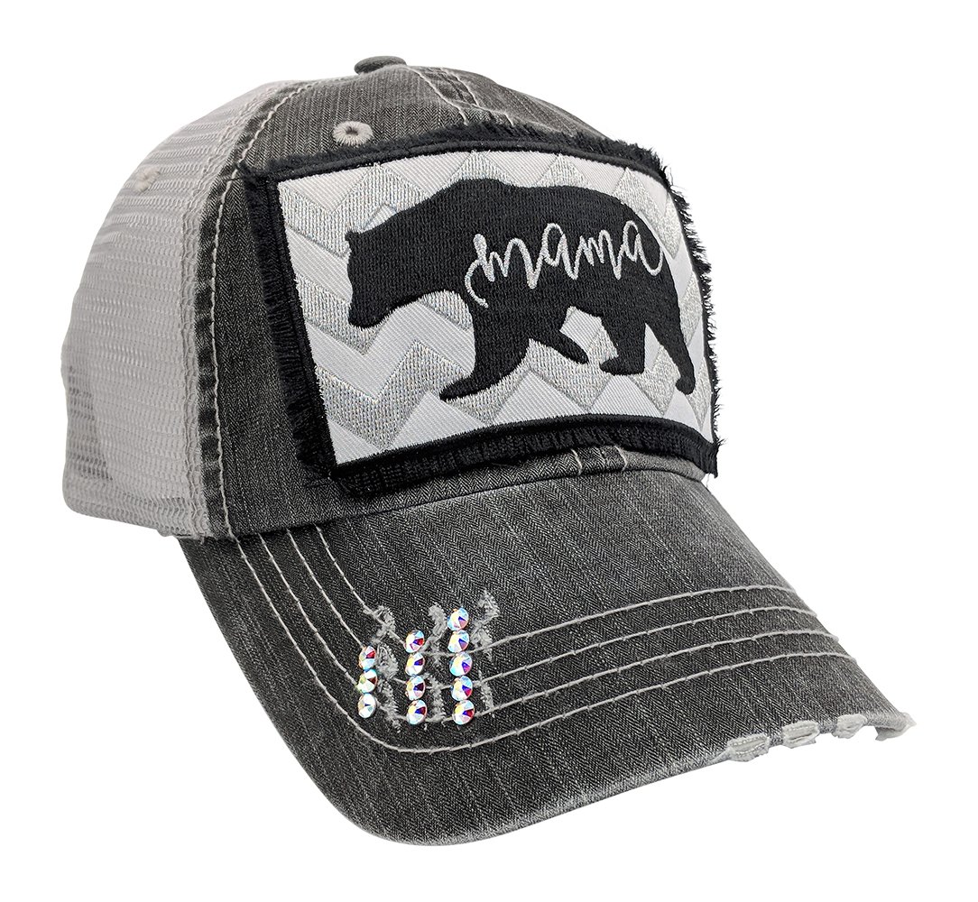Women's Mama Bear Embroidered Patch Baseball Cap - Adjustable Mesh Back Trucker Hat in Dark Grey/Black | Lightweight Mother's Day Birthday Gift with Optional Rhinestone Personalization | Perfect for Outdoor Activities, Casual Wear & Special Occasions