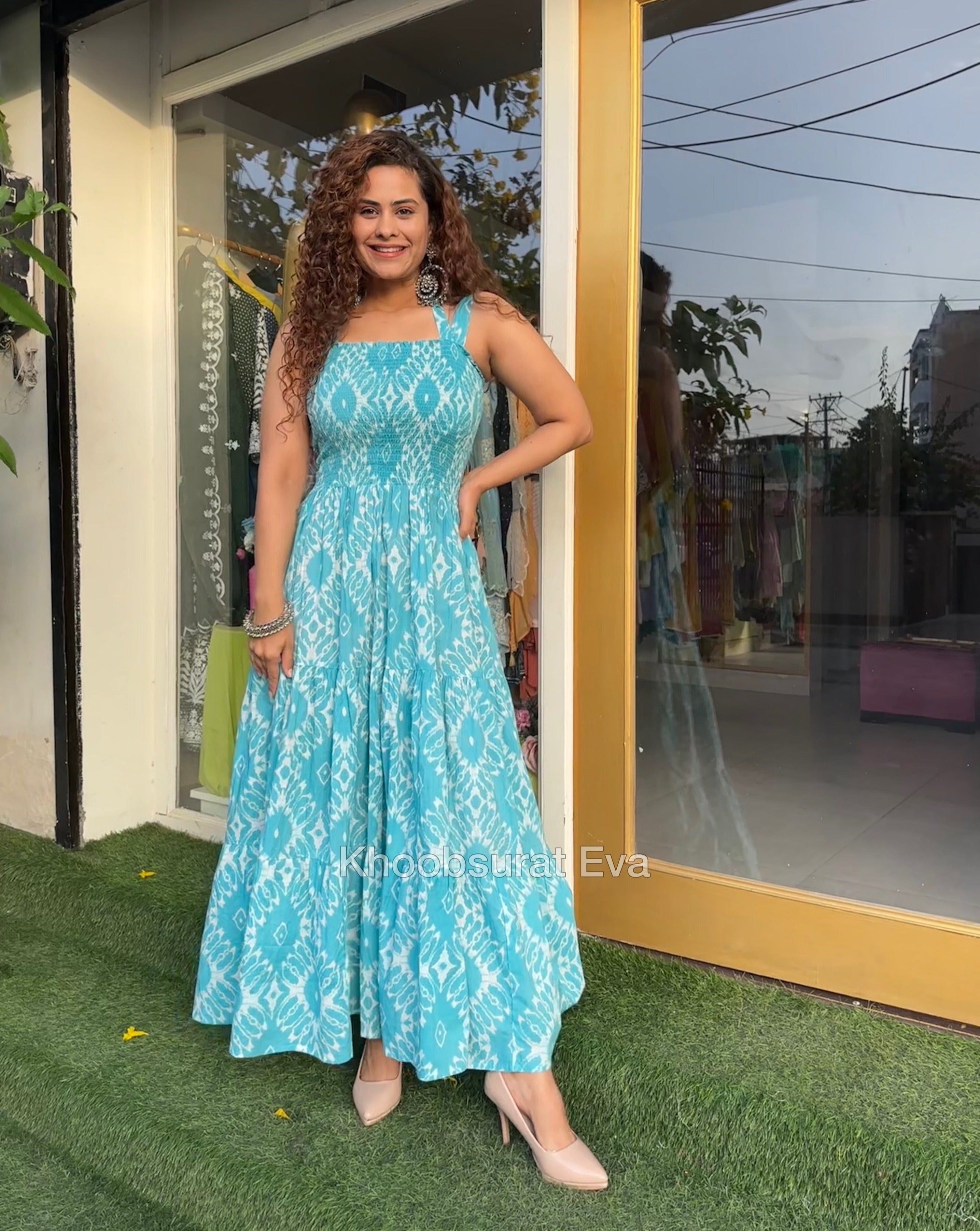 Blue Cotton Tiered Maxi Dress for Women - Flowy Boho Summer Dress with Pockets - Perfect for Beach, Vacation, and Casual Outings
