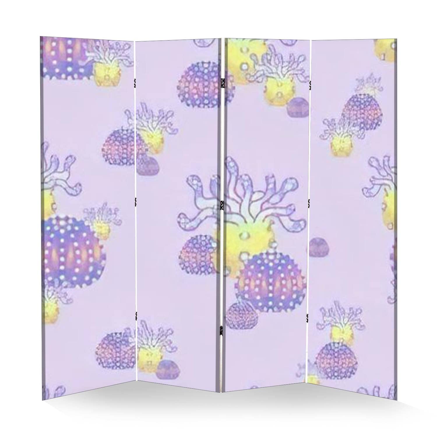 Wooden Underwater Animals Room Divider - 4-Panel Folding Screen with Colorful Coral Reef Texture, Dual-Sided Canvas Privacy Partition for Home & Office Decor | Perfect for Living Rooms, Bedrooms, and Studio Spaces