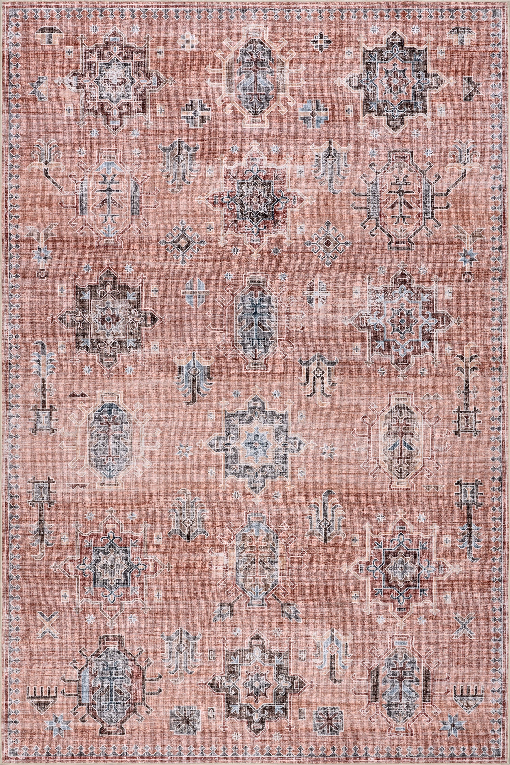 Brenda Hazy Heraldry Spill Proof Washable Rug - Non-Slip Soft Pink Area Rug for Living Room, Bedroom, Nursery | Machine Washable & Stain Resistant | Perfect for High Traffic Areas & Pet Friendly Homes