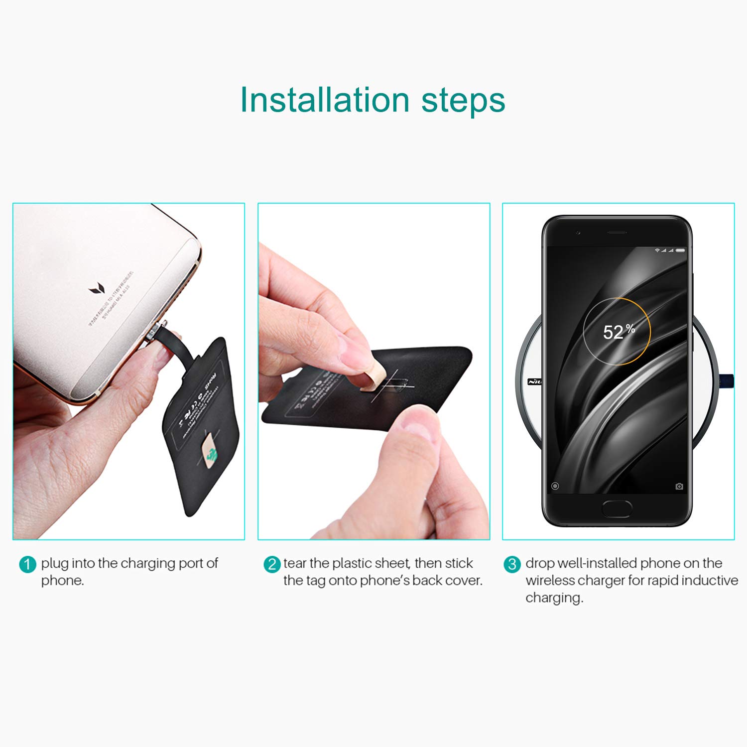 Nillkin Wireless Charger Receiver Type-C - Compatible with Google Pixel 2XL, Galaxy A20, LG Stylo 4/5, Moto G7, OnePlus 6/6T/7 Pro & More Small Type C Phones | Qi Certified Fast Charging | Perfect for Home, Office & Car Use