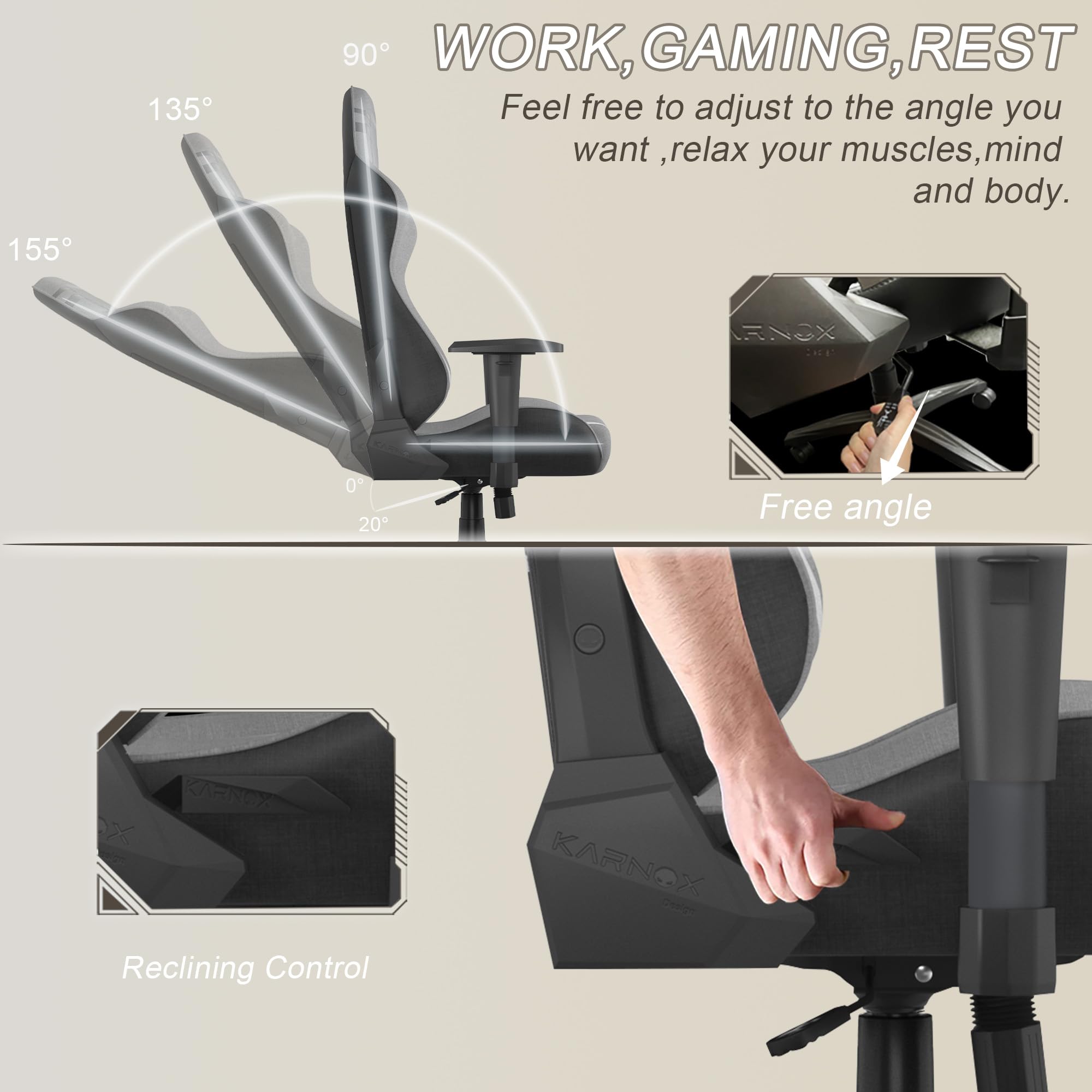KORNOX Ergonomic Gaming Chair for Adults & Teens - High Back Office Chair with Adjustable Headrest & Lumbar Support, Fabric Racing Desk Chair for Home & Work - Perfect for Gaming, Working, and Long Sitting Sessions (Silver Grey)