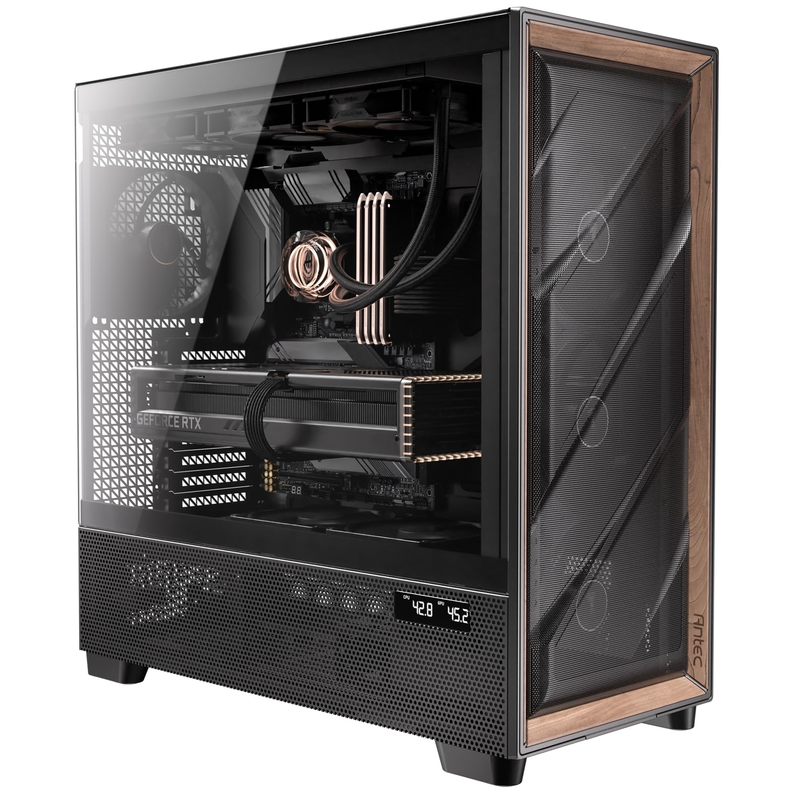 Antec Flux Pro Full-Tower E-ATX PC Case with 6 PWM Fans, High-Airflow Walnut Wood Front Panel, iShift PSU 90° Mount, USB 3.0 & Type-C, 420mm Radiator Support & Temp Display - Perfect for Gaming Rigs, Workstations & High-Performance PC Builds
