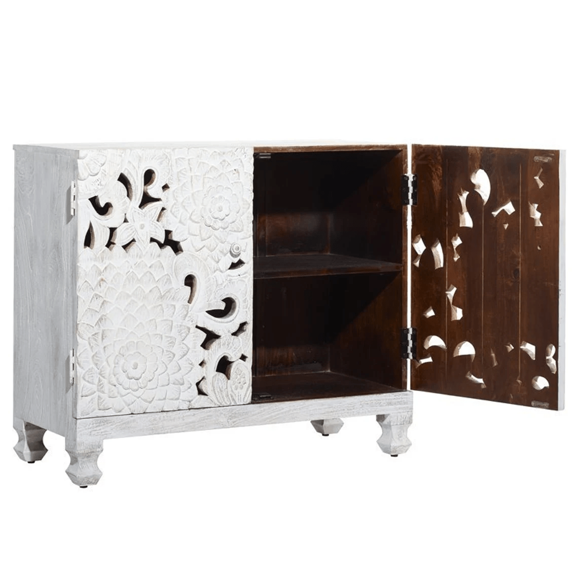 Hand Carved Lotus Wooden Storage Cabinet - White | Elegant Home Decor for Living Room, Bedroom & Entryway Organization