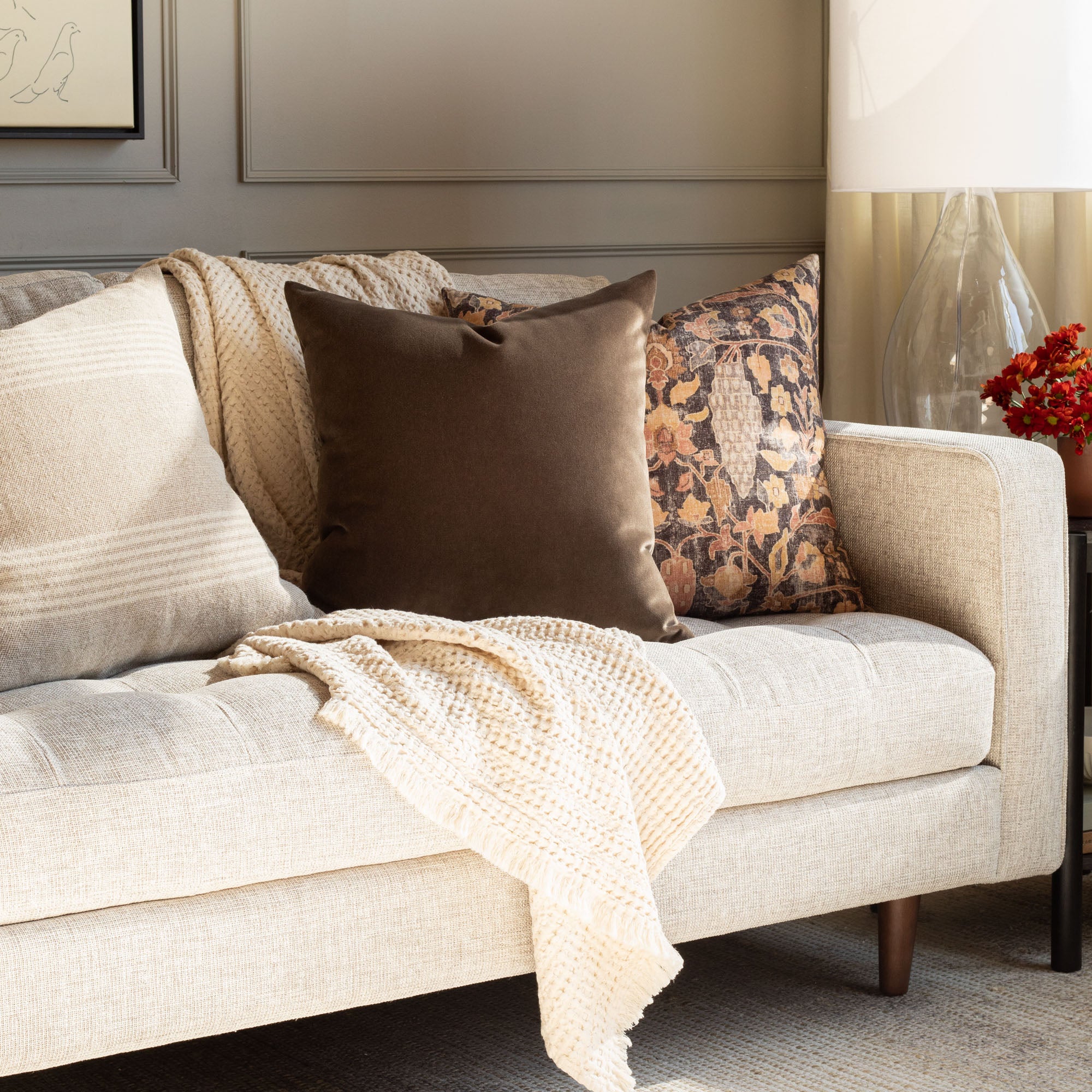 Valentina Velvet 20x20 Throw Pillow Cover - Soft Truffle Brown Decorative Cushion Case for Sofa, Bed, Living Room & Home Decor