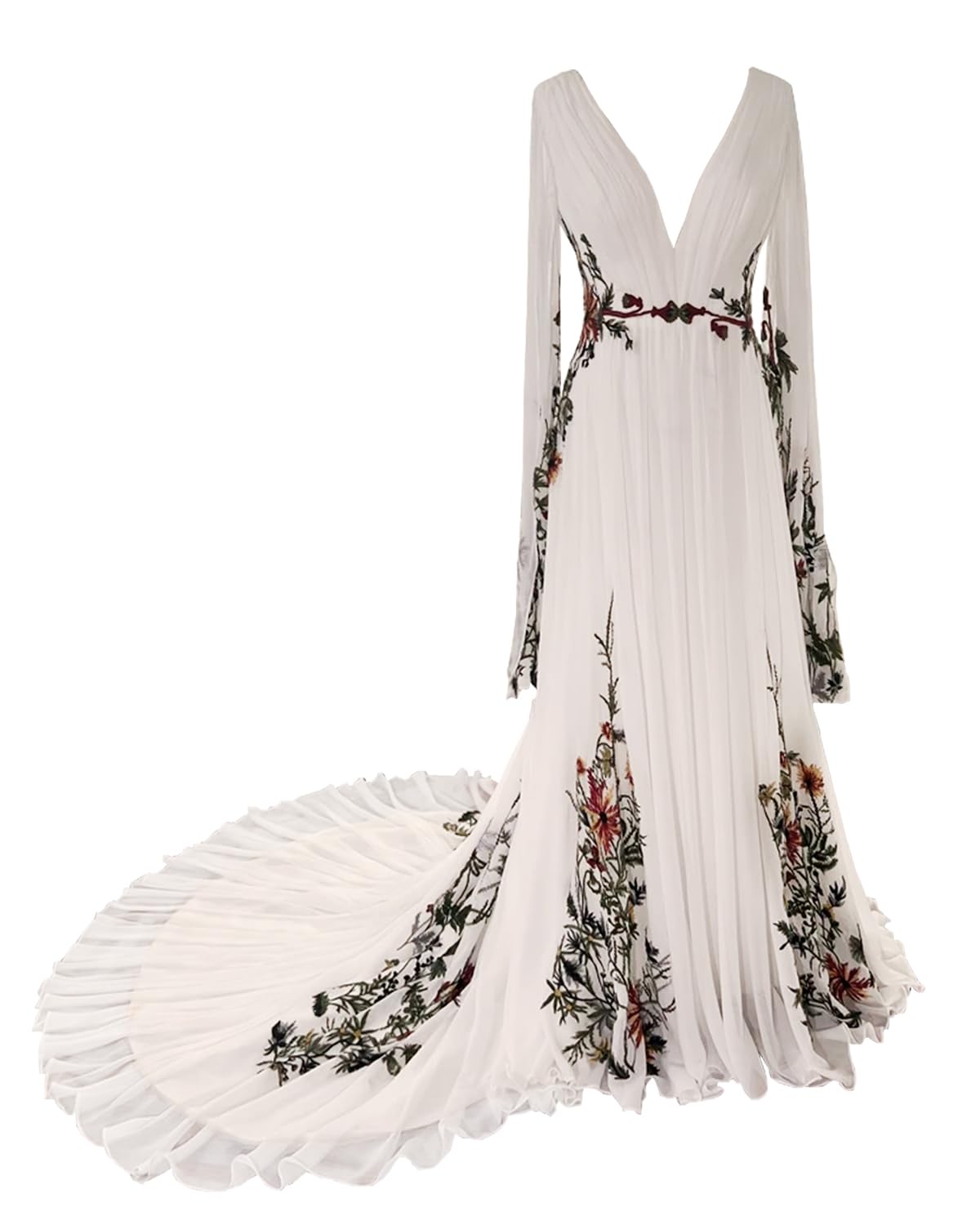2024 V-Neck Long Sleeve Chiffon Wedding Dress for Women - Elegant Embroidered Bridal Gown for Bride | Perfect for Church Ceremony, Beach Wedding & Romantic Reception