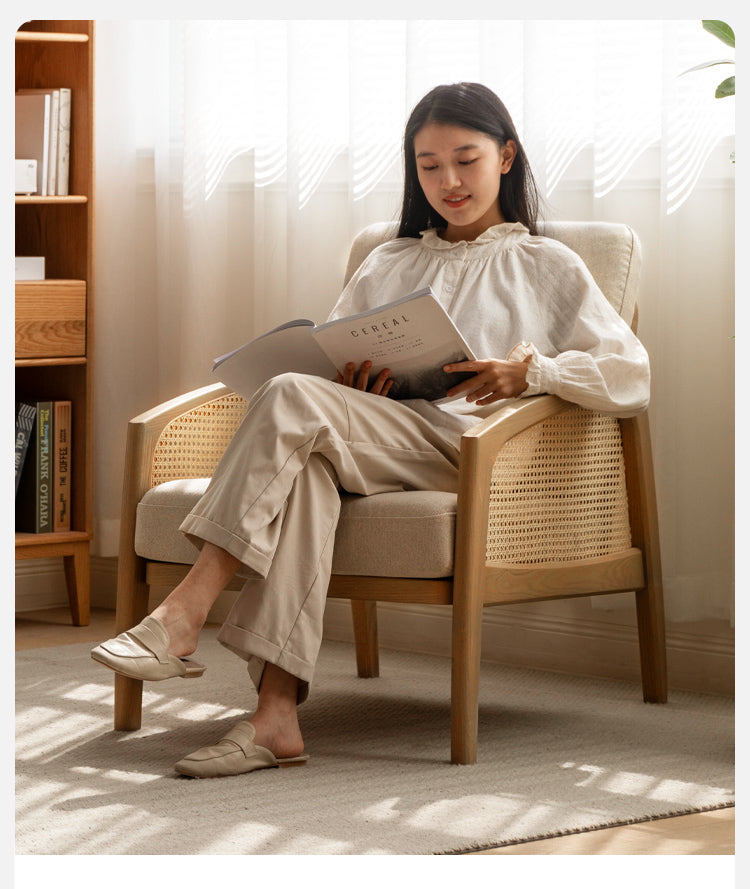 Solid Oak Wood Armchair with Milky Skin Tone Finish and Rattan Accents - Perfect for Living Room, Bedroom, or Office Decor