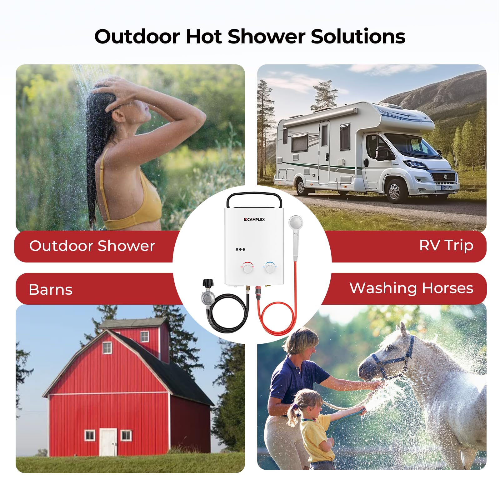 Camplux 5L Outdoor Portable Tankless Propane Water Heater - 1.32 GPM Instant Hot Water for RV, Camping, Barns & Off-Grid Living | Perfect for Showers, Washing Dishes & Outdoor Cleaning (White)