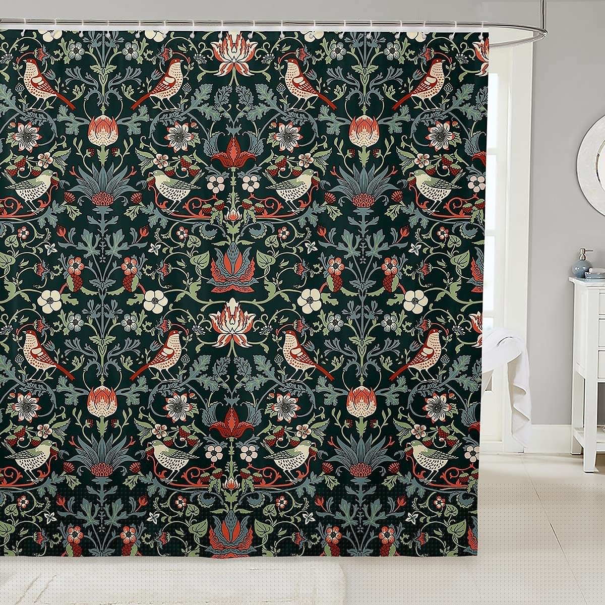 Rustic Birds Shower Curtain with Hooks - Sweet Strawberry Fruits Bathroom Decor - Waterproof Pink Flowers with Leaves Bath Panel (72x84 Inches, Green) for Farmhouse, Cottage & Vintage Style Bathrooms
