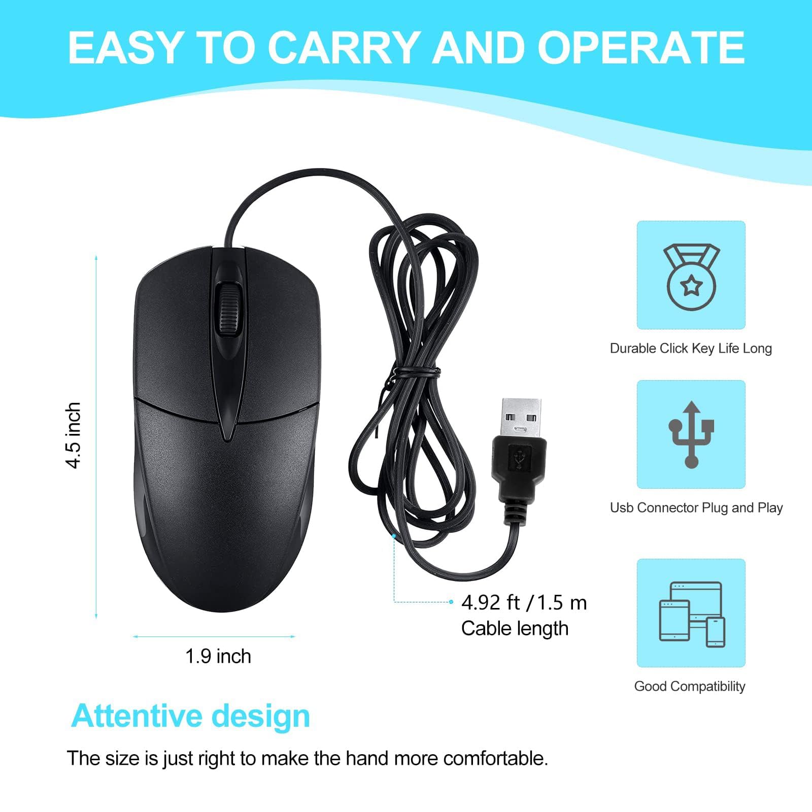 100 PCS Black Wired USB Computer Mouse Bulk - 1000 DPI 3-Button Corded Mouse for Home Office, Noiseless & Ergonomic Design - Perfect for Desktop PC, Laptop, Gaming & Business Use