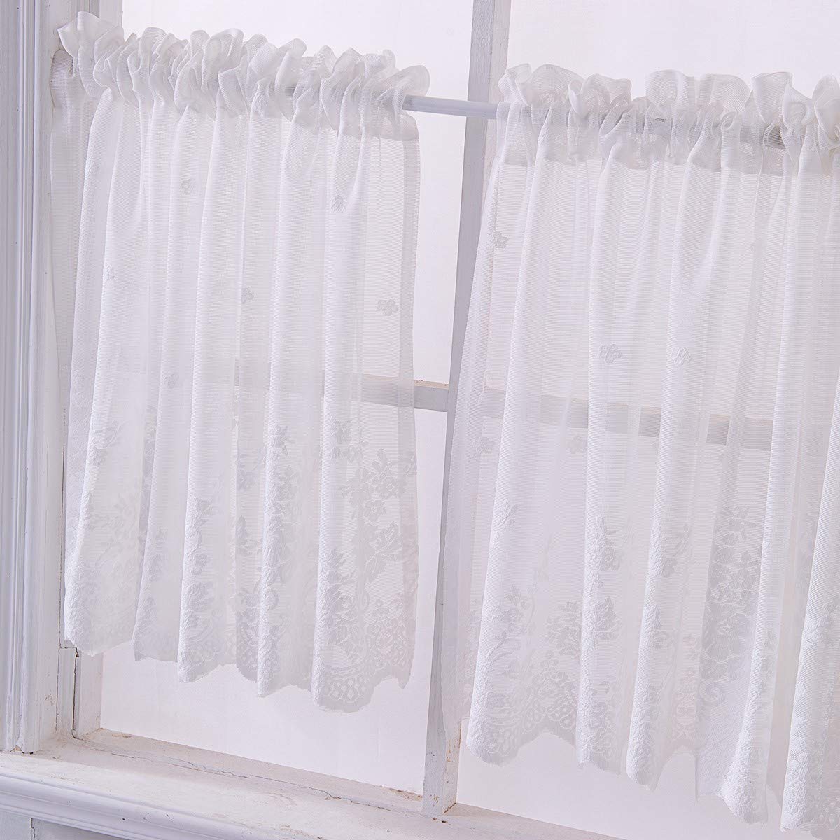 Sheer Lace Half Window Curtains 36x18 Inch - Elegant White Semi-Transparent Cafe Curtains for Kitchen, Living Room, Bedroom & Restaurant Decor - Perfect for Small Windows & Privacy Sheers
