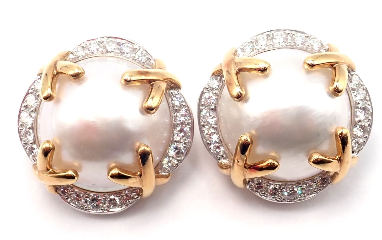 Authentic Vintage Verdura 18k Yellow Gold Mabe Pearl Diamond Large Earrings - Luxury Statement Jewelry for Weddings & Special Occasions