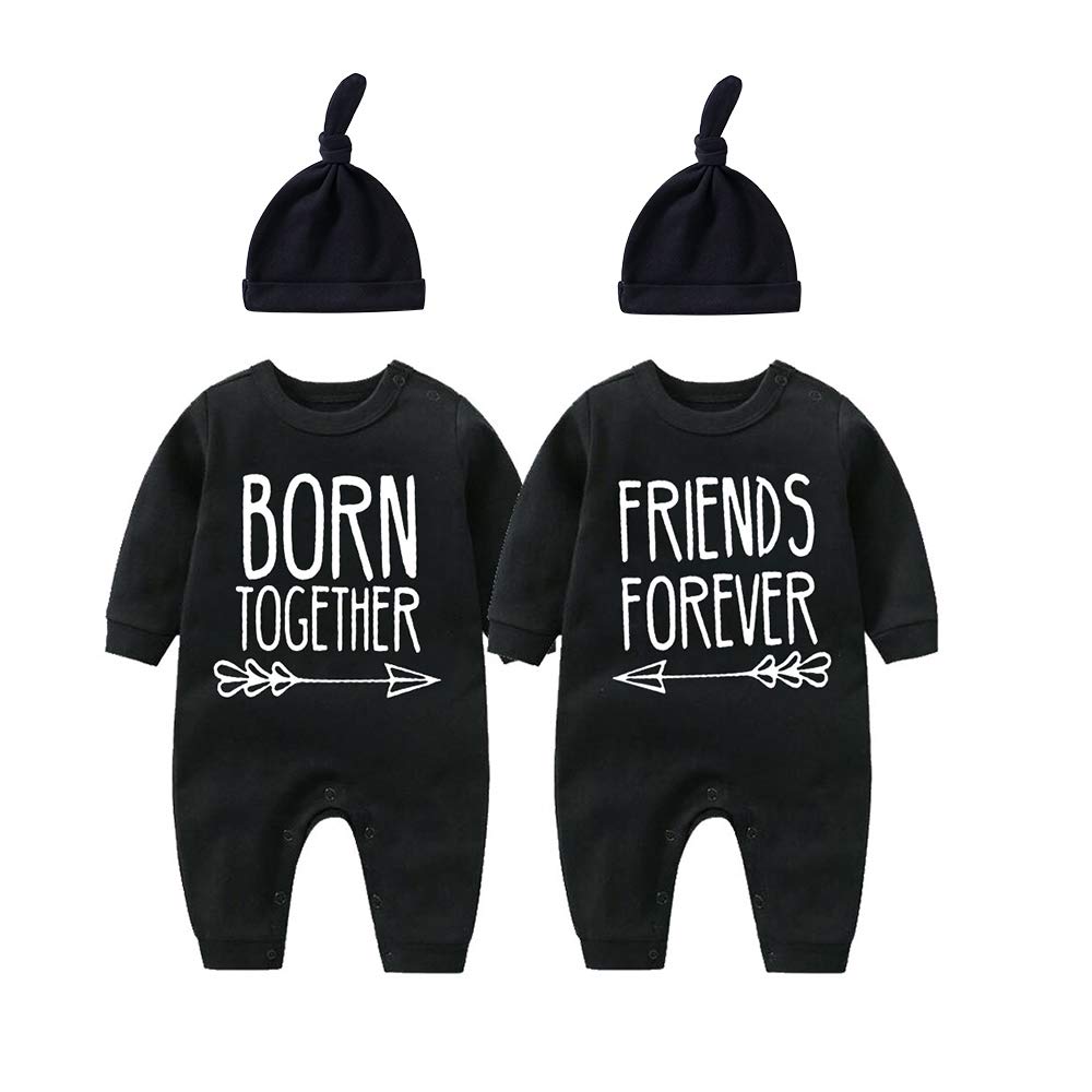 YSCULBUTOL Baby Twins Bodysuit with Hat - Matching Outfits for Twin Boys & Girls | Born Together Friends Forever | Newborn & Toddler Clothing | Perfect for Photo Shoots & Special Occasions