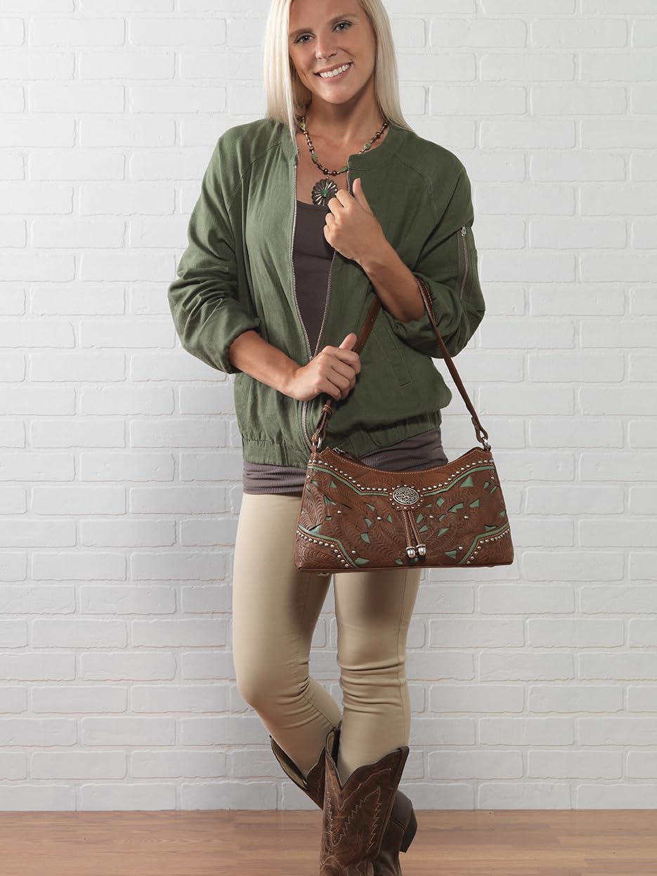 American West Women's Lace Hobo Handbag - Medium Brown Genuine Leather Purse for Casual Outings, Work & Travel