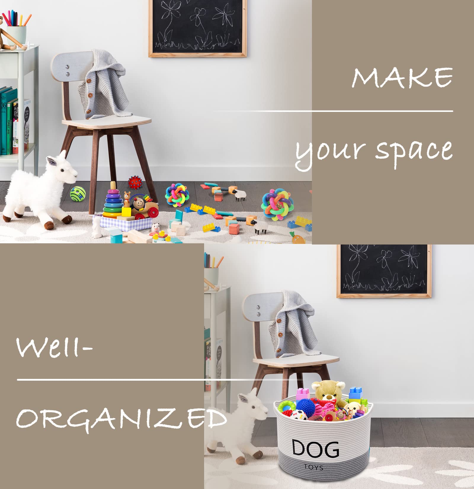 Morezi Durable Rope Round Dog Toy Basket with Handle - Large Pet Storage Bin for Dog Toys, Blankets & Leashes - White & Gray - Perfect for Pet Room Organization & Living Room Decor