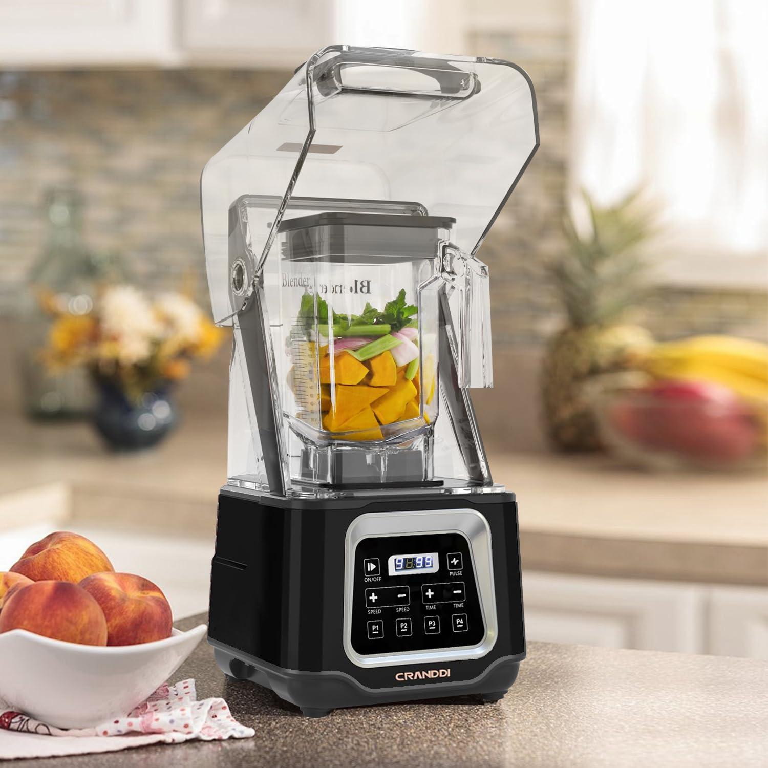 CRANDDI 2200W Commercial Smart Blender with Digital Touch Screen - 52oz BPA-Free Pitcher, 4 Preset Programs for Smoothies, Juices, Frozen Drinks & Meal Prep - Quiet Shield Technology, Removable Cover (K80TS, Black) - Perfect for Home Kitchens, Restaurants & Smoothie Bars