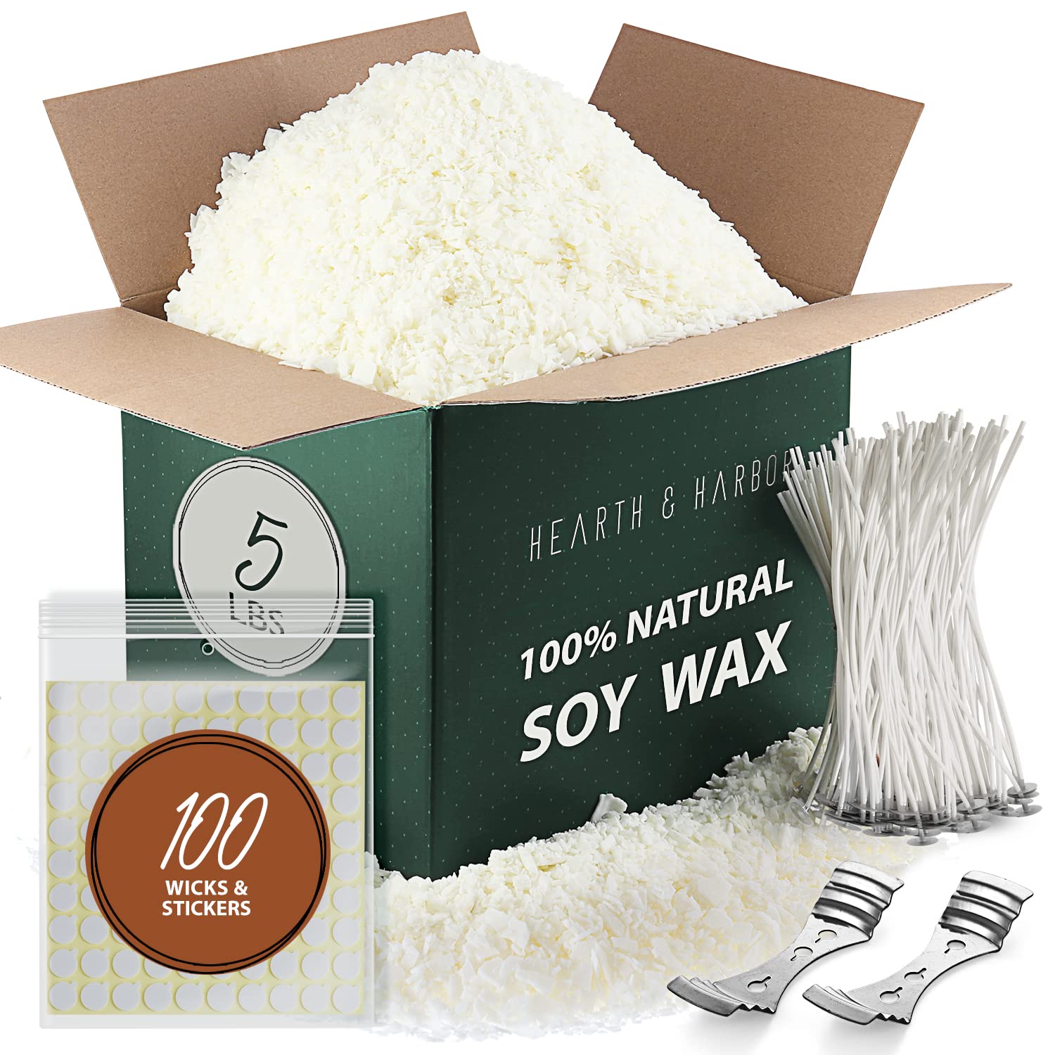 Premium Soy Wax Flakes for Candle Making - 5 lb Natural Soy Candle Wax with 100 Cotton Wicks, Wick Stickers & 2 Centering Devices - Perfect for DIY Home Candles, Gifts & Aromatherapy