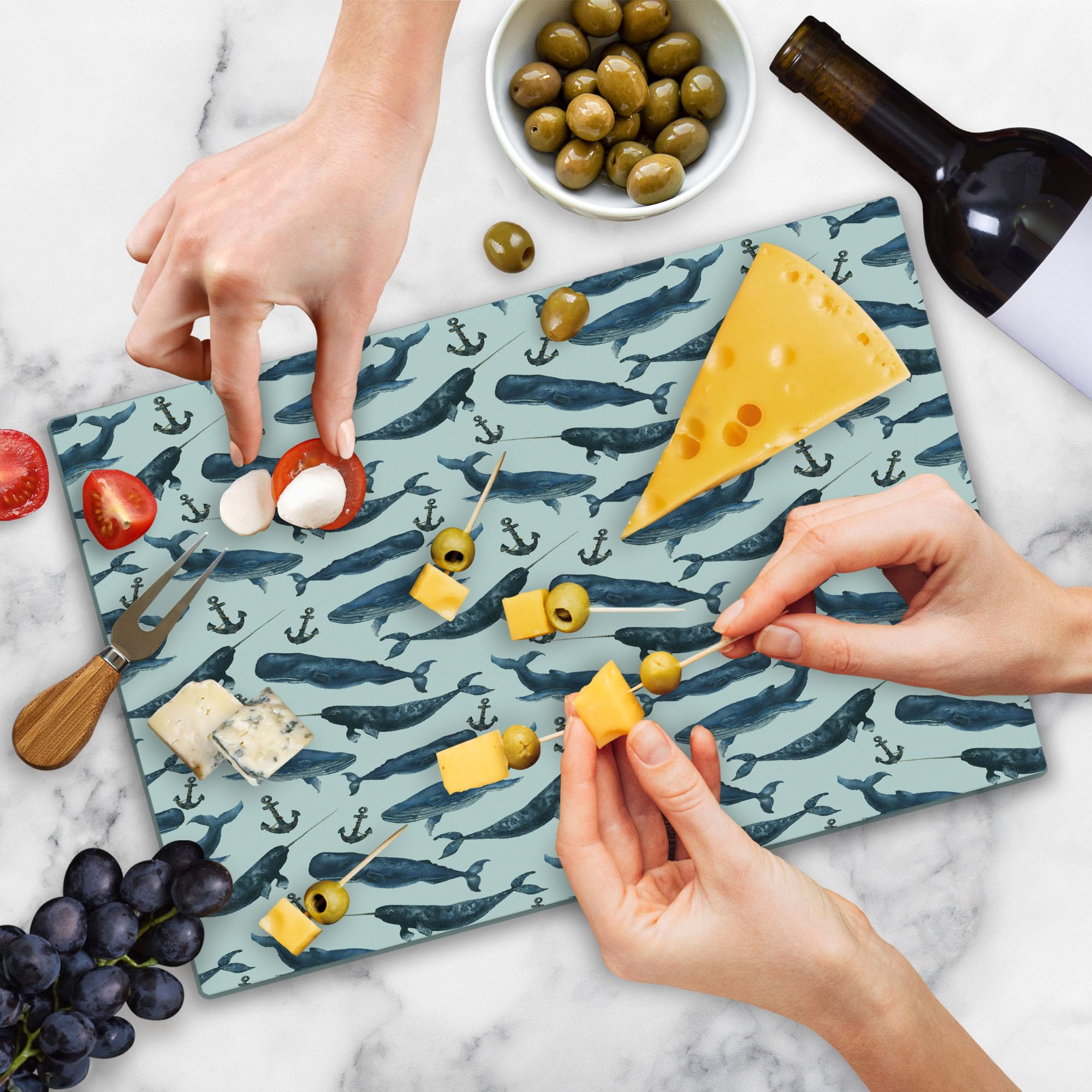 Ambesonne Narwhal Tempered Glass Cutting Board - Aquarelle Whales with Anchors Marine Biology Design - Large Dark Blue Navy Blue Decorative Serving Board for Kitchen, Charcuterie, Cheese Platter & Home Decor